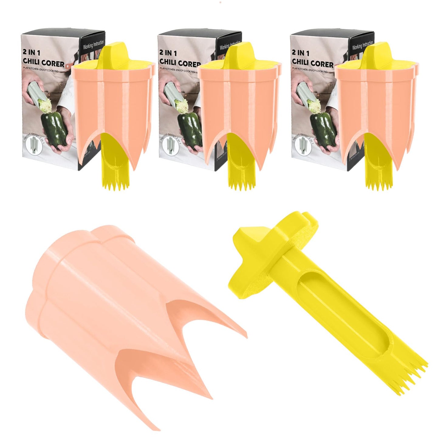 Pepper Corer, 2 in 1 Red Bell Pepper Seed Corer Remover Tool, Fruit & Vegetable Corers Quick Cave Tools for Jalapeno Cutter Deseeder, Blue Yellow, 3 PCS