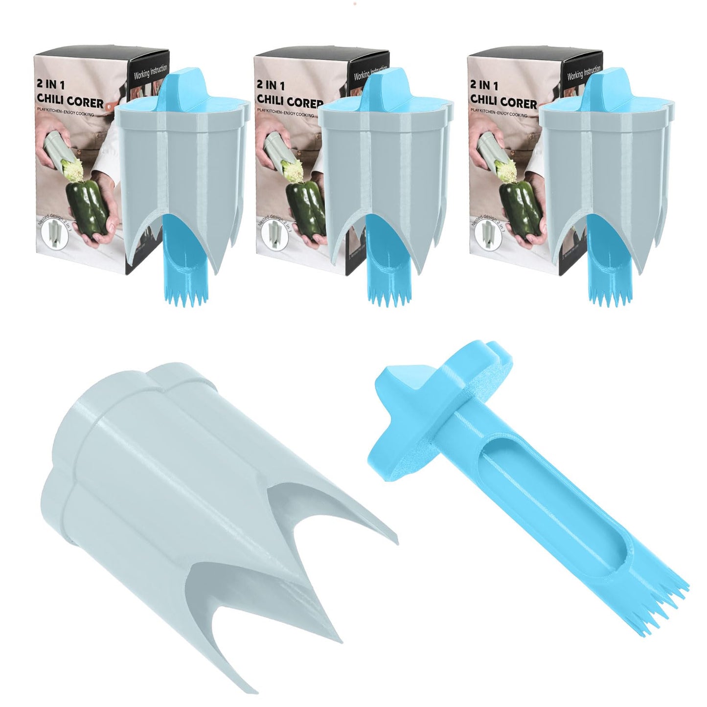 Pepper Corer, 2 in 1 Red Bell Pepper Seed Corer Remover Tool, Fruit & Vegetable Corers Quick Cave Tools for Jalapeno Cutter Deseeder, Blue Yellow, 3 PCS