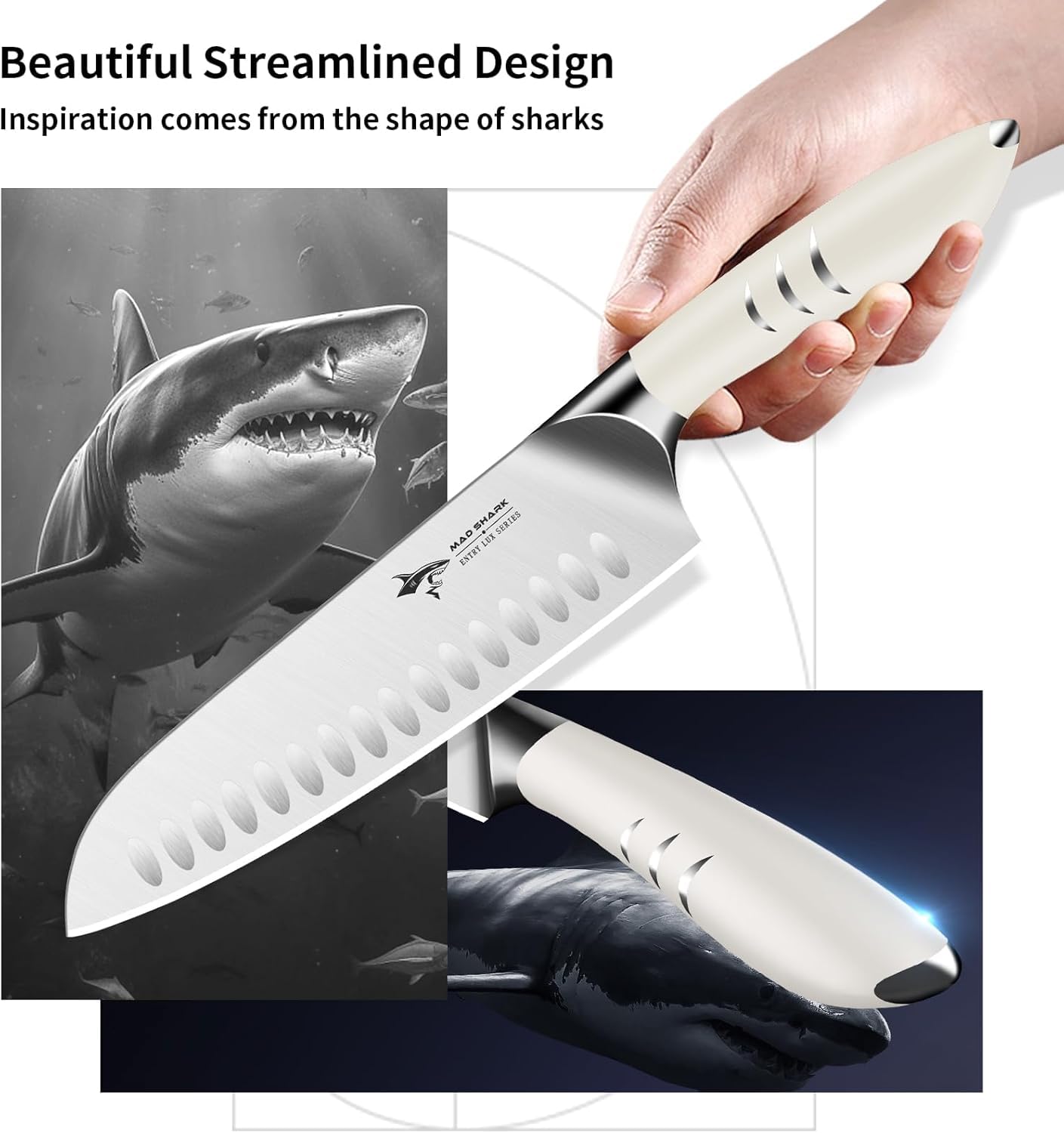 MAD SHARK 8 Inch Santoku Knife - Ultra Sharp Japanese Kitchen Knife, High Carbon German Steel, Ergonomic Handle - Ideal for Slicing, Dicing & Chopping - Unique Gift for Chefs, Men & Women (White)