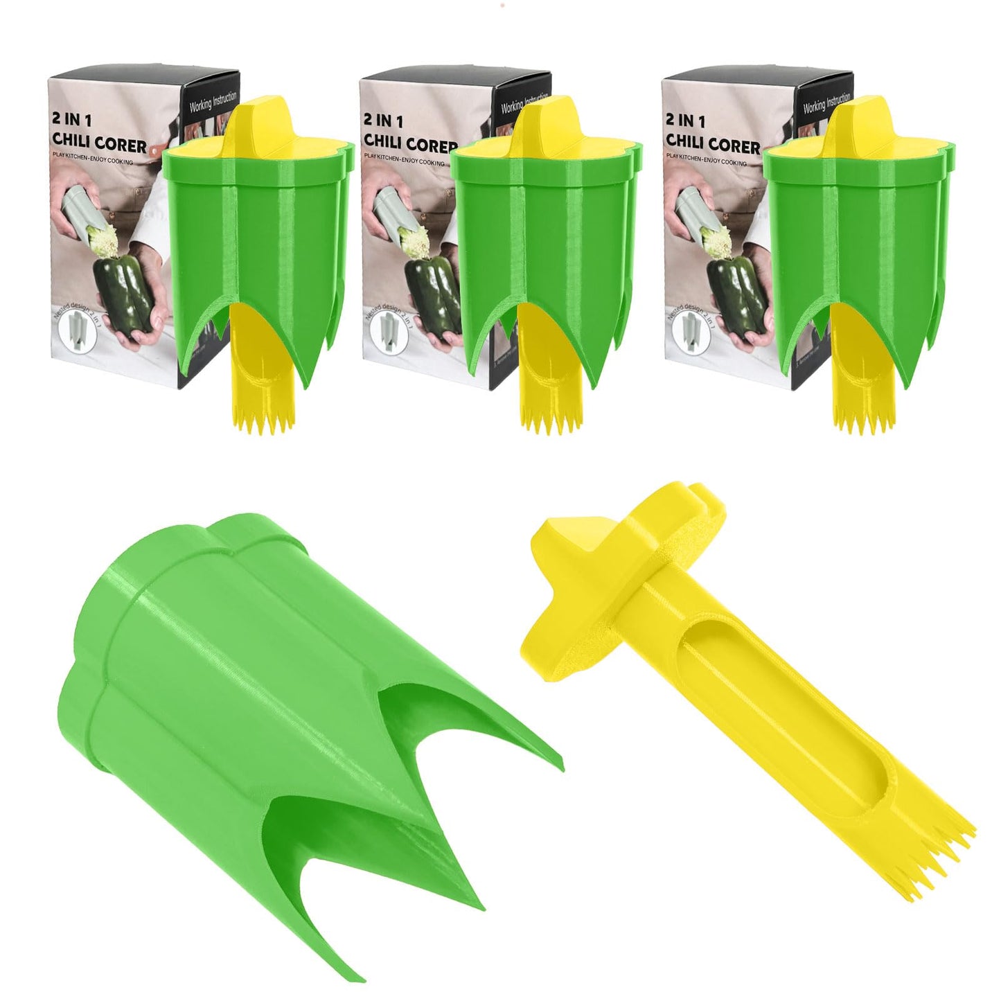 Pepper Corer, 2 in 1 Red Bell Pepper Seed Corer Remover Tool, Fruit & Vegetable Corers Quick Cave Tools for Jalapeno Cutter Deseeder, Blue Yellow, 3 PCS