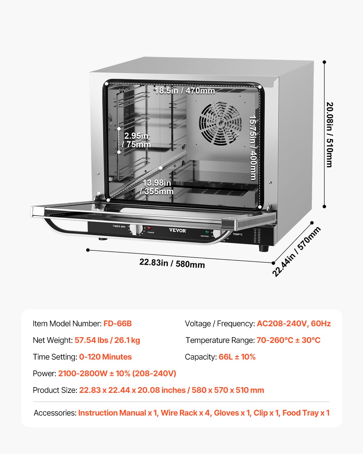 VEVOR Commercial Convection Oven, 21L/19Qt, Quarter-Size Conventional Oven Countertop, 1440W 3-Tier Toaster w/Front Glass Door, Electric Baking Oven w/Trays Wire Racks Clip Gloves, 120V