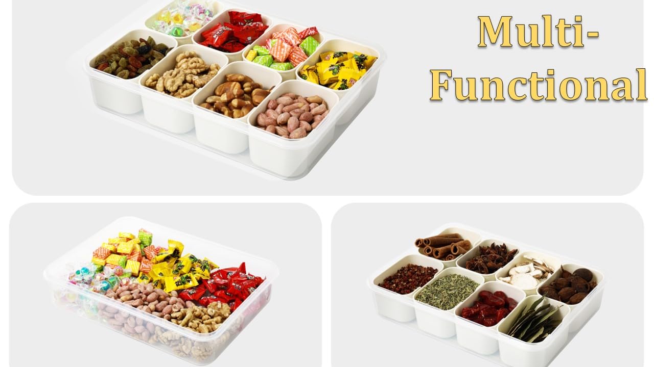 Divided Serving Tray for Candy, Condiment, Fruits and Nuts - Dishwasher Safe Snackle Box Container with Lid - Portable Charcuterie Board for Parties, Picnics, Travel and On-the-Go Snacking (6 Cups)
