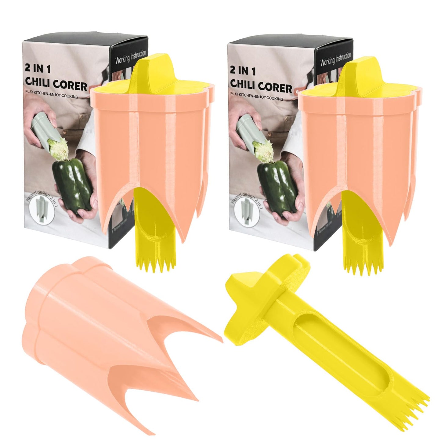 Pepper Corer, 2 in 1 Red Bell Pepper Seed Corer Remover Tool, Fruit & Vegetable Corers Quick Cave Tools for Jalapeno Cutter Deseeder, Blue Yellow, 3 PCS