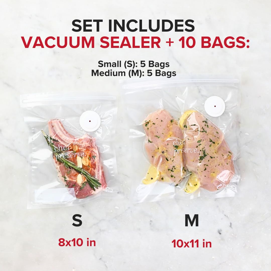Chef Preserve Compact Vacuum Sealer for Food (Vacuum Sealer Machine + 30 Reusable Vacuum Bags) Powerful Handheld Vacuum Sealer Machine, Seal Meal Saver, Portable Food Sealer