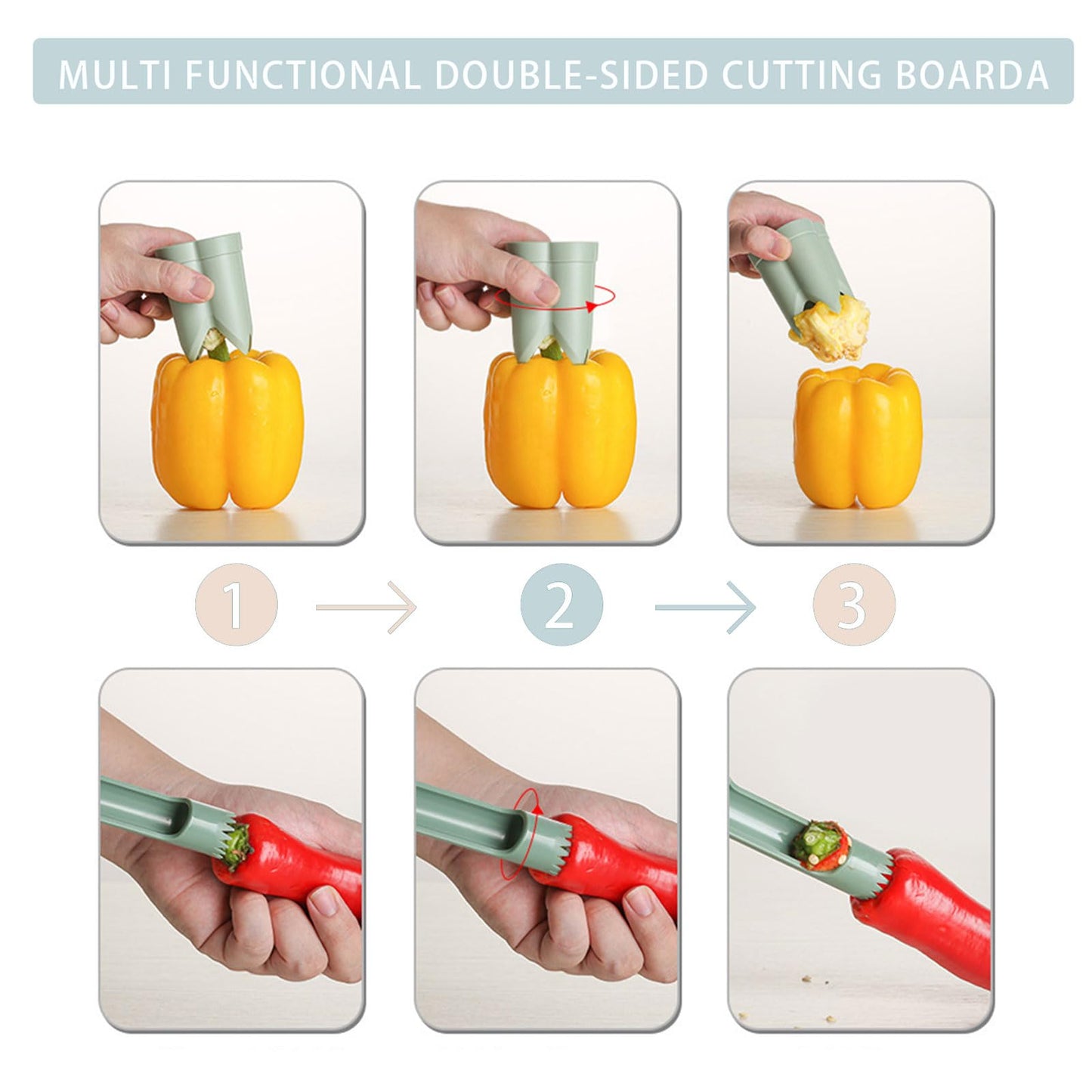 Pepper Corer, 2 in 1 Red Bell Pepper Seed Corer Remover Tool, Fruit & Vegetable Corers Quick Cave Tools for Jalapeno Cutter Deseeder, Blue Yellow, 3 PCS