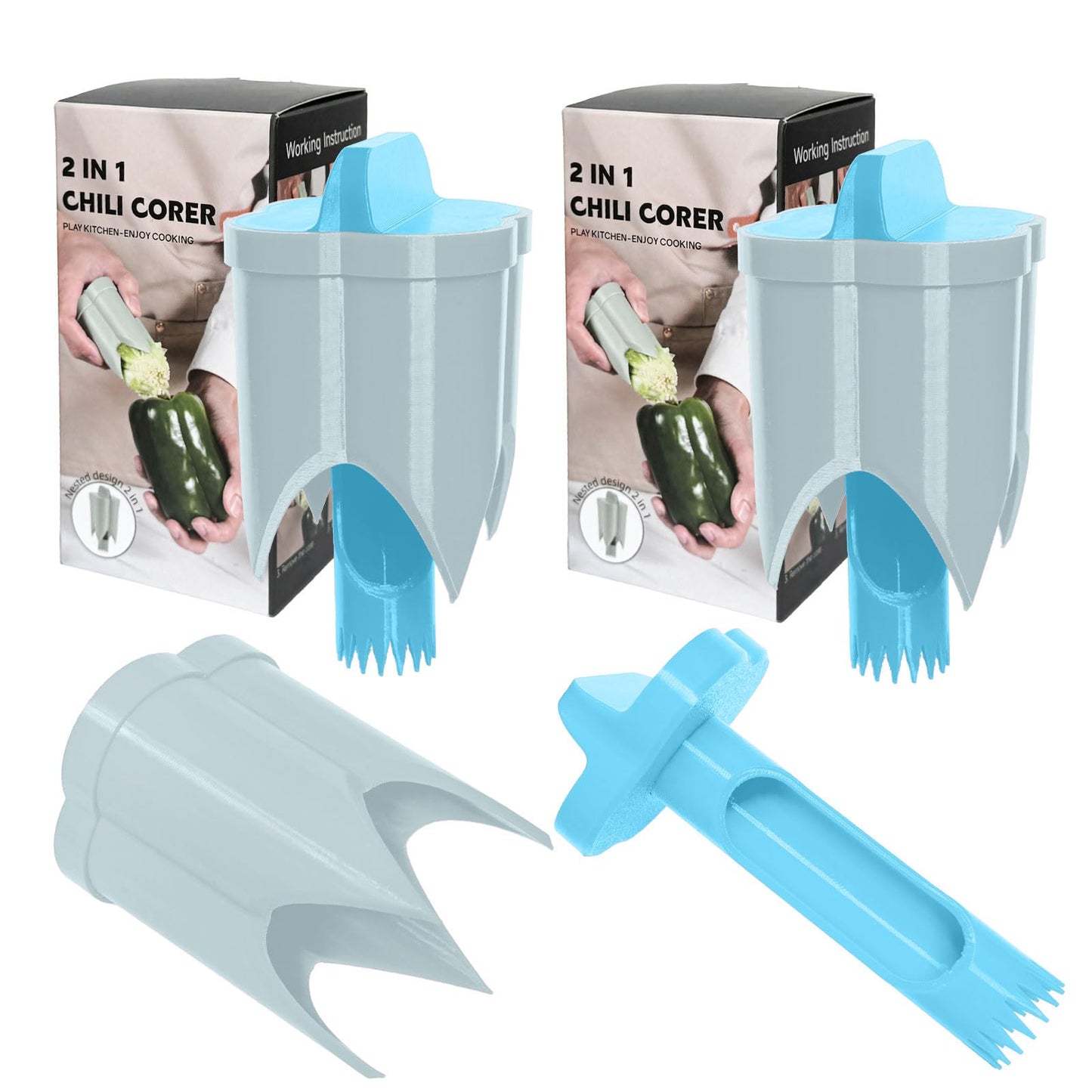 Pepper Corer, 2 in 1 Red Bell Pepper Seed Corer Remover Tool, Fruit & Vegetable Corers Quick Cave Tools for Jalapeno Cutter Deseeder, Blue Yellow, 3 PCS