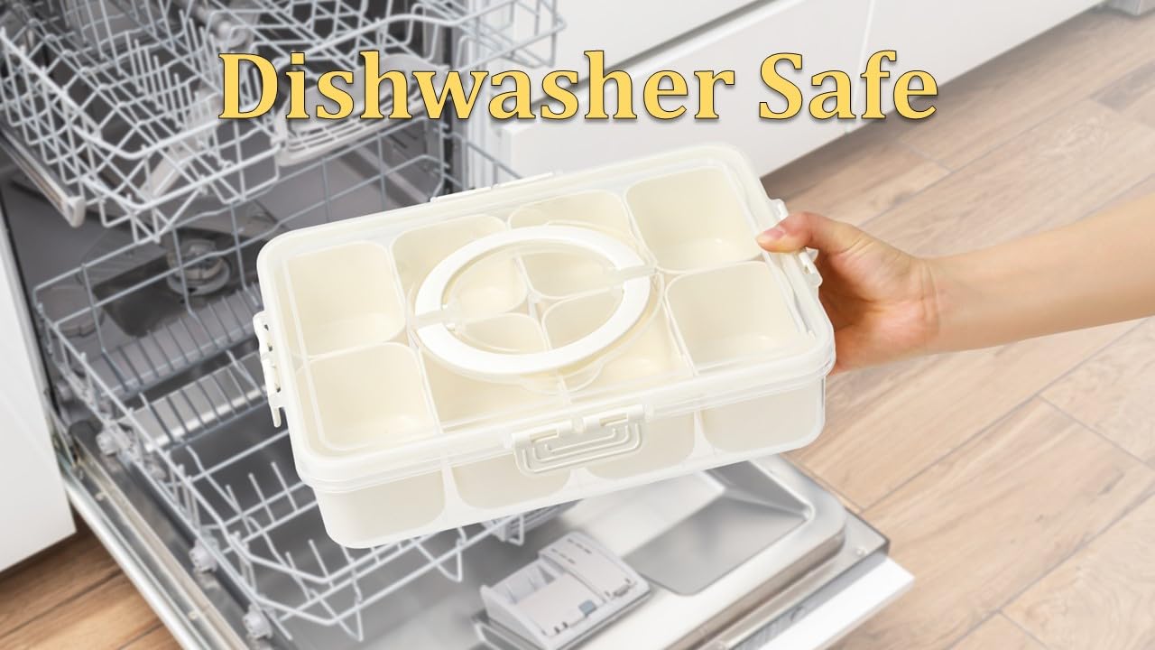 Divided Serving Tray for Candy, Condiment, Fruits and Nuts - Dishwasher Safe Snackle Box Container with Lid - Portable Charcuterie Board for Parties, Picnics, Travel and On-the-Go Snacking (6 Cups)