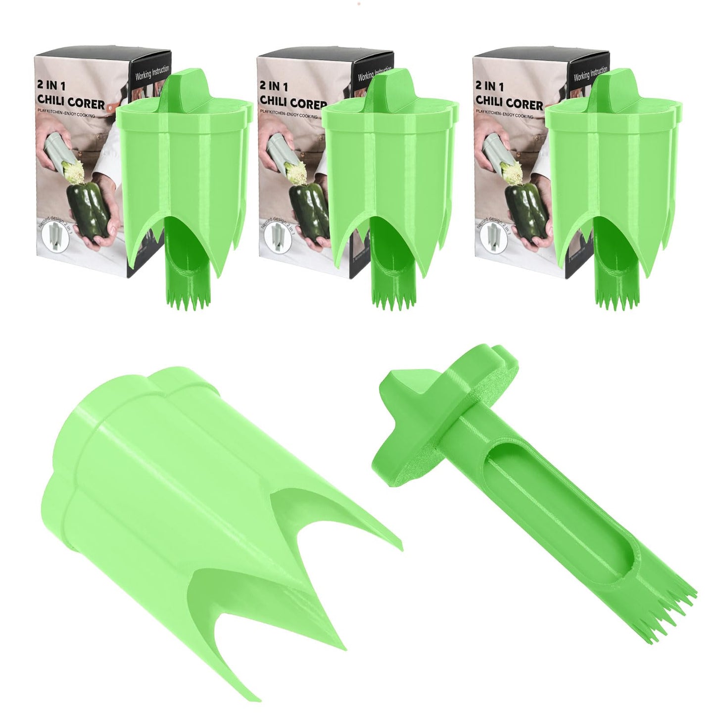 Pepper Corer, 2 in 1 Red Bell Pepper Seed Corer Remover Tool, Fruit & Vegetable Corers Quick Cave Tools for Jalapeno Cutter Deseeder, Blue Yellow, 3 PCS