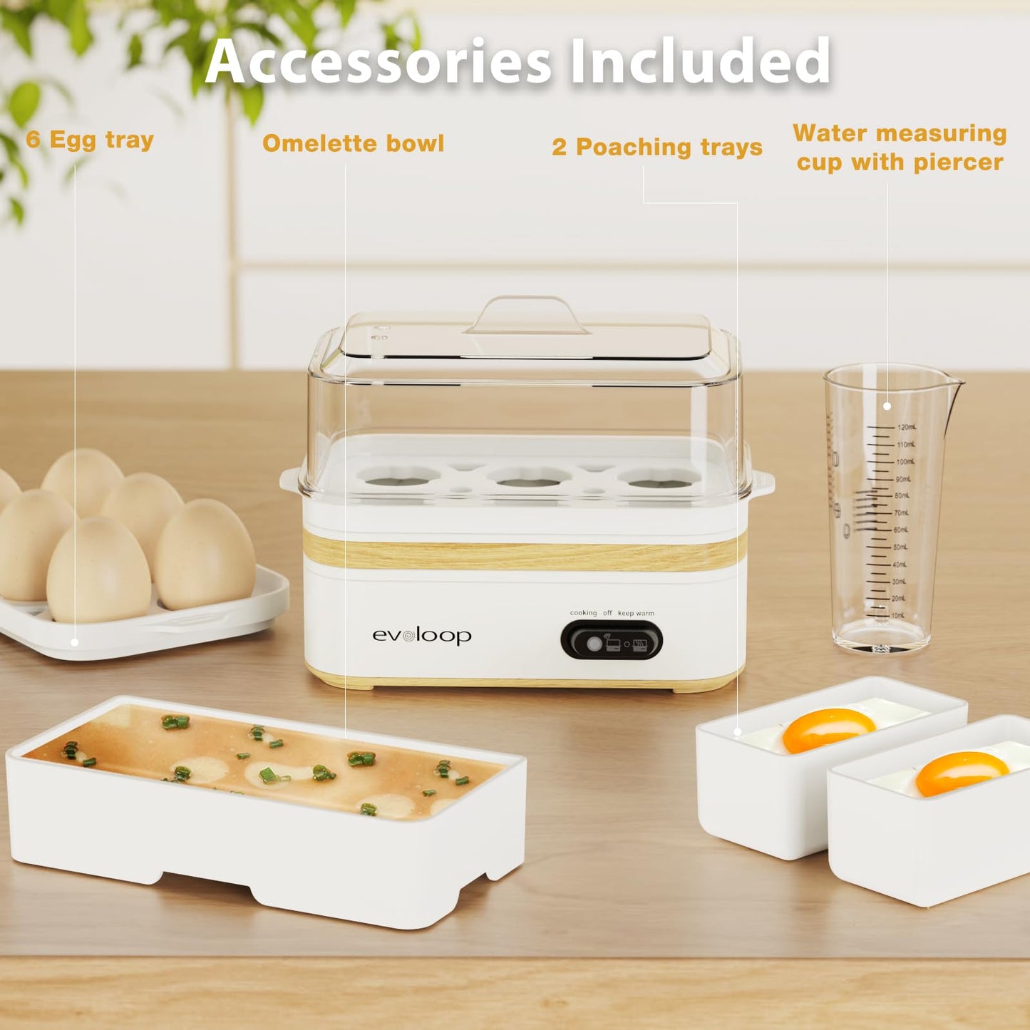 Evoloop Rapid Egg Cooker Electric 6 Eggs Capacity, Soft, Medium, Hard Boiled, Poacher, Omelet Maker Egg Poacher With Auto Shut-Off, BPA Free