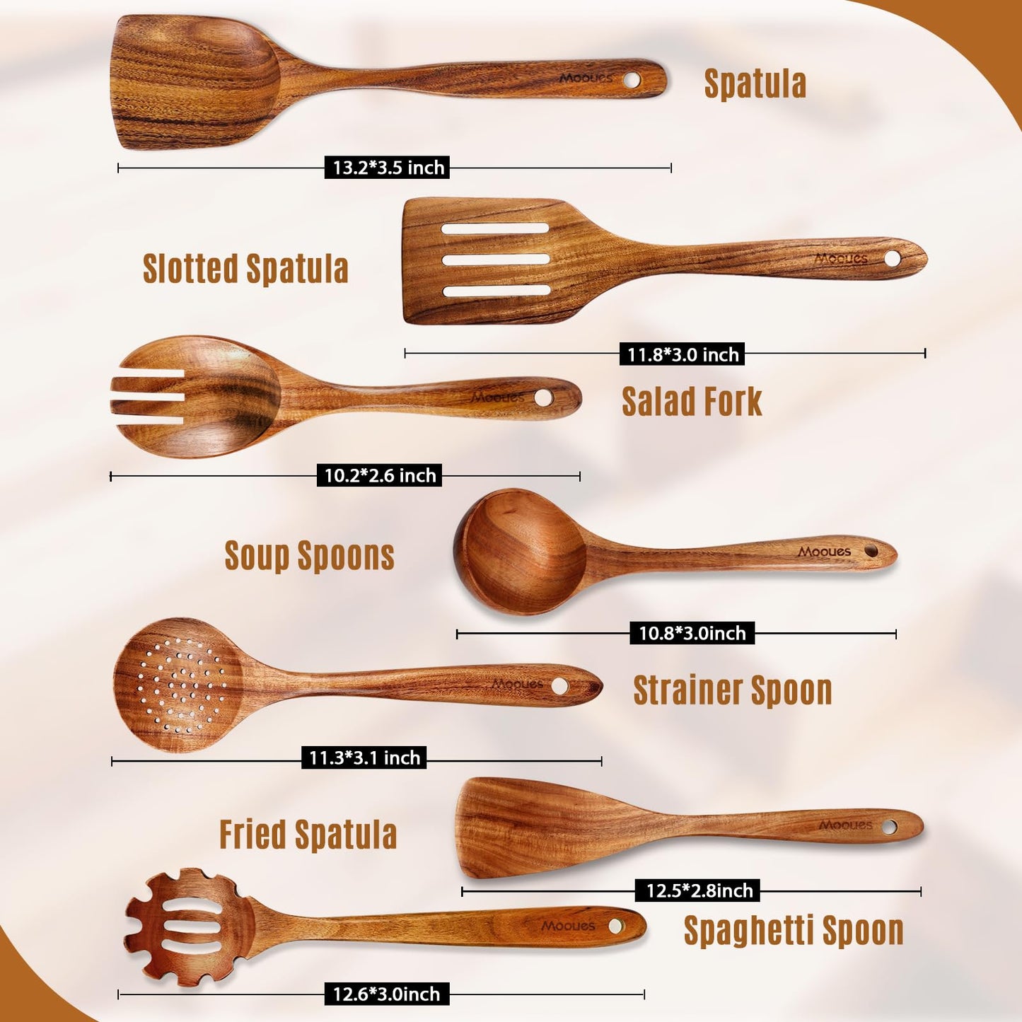 9 Piece Natural Teak Wooden Kitchen Utensil Set with Spoon Rest - Comfort Grip Cooking Spoons and Utensils Holder