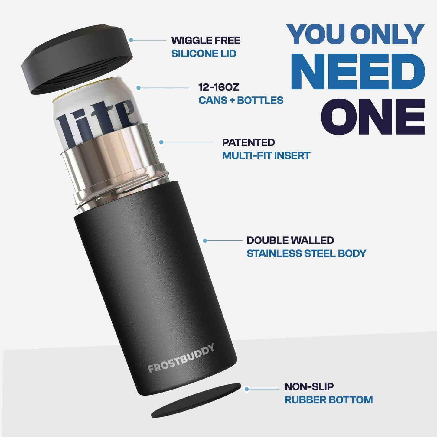 Frost Buddy Universal Buddy Can Cooler - Fits All - For Regular 12 & 16 oz or Slim-Size Bottles - Insulated Double -Walled Stainless Steel (All white)