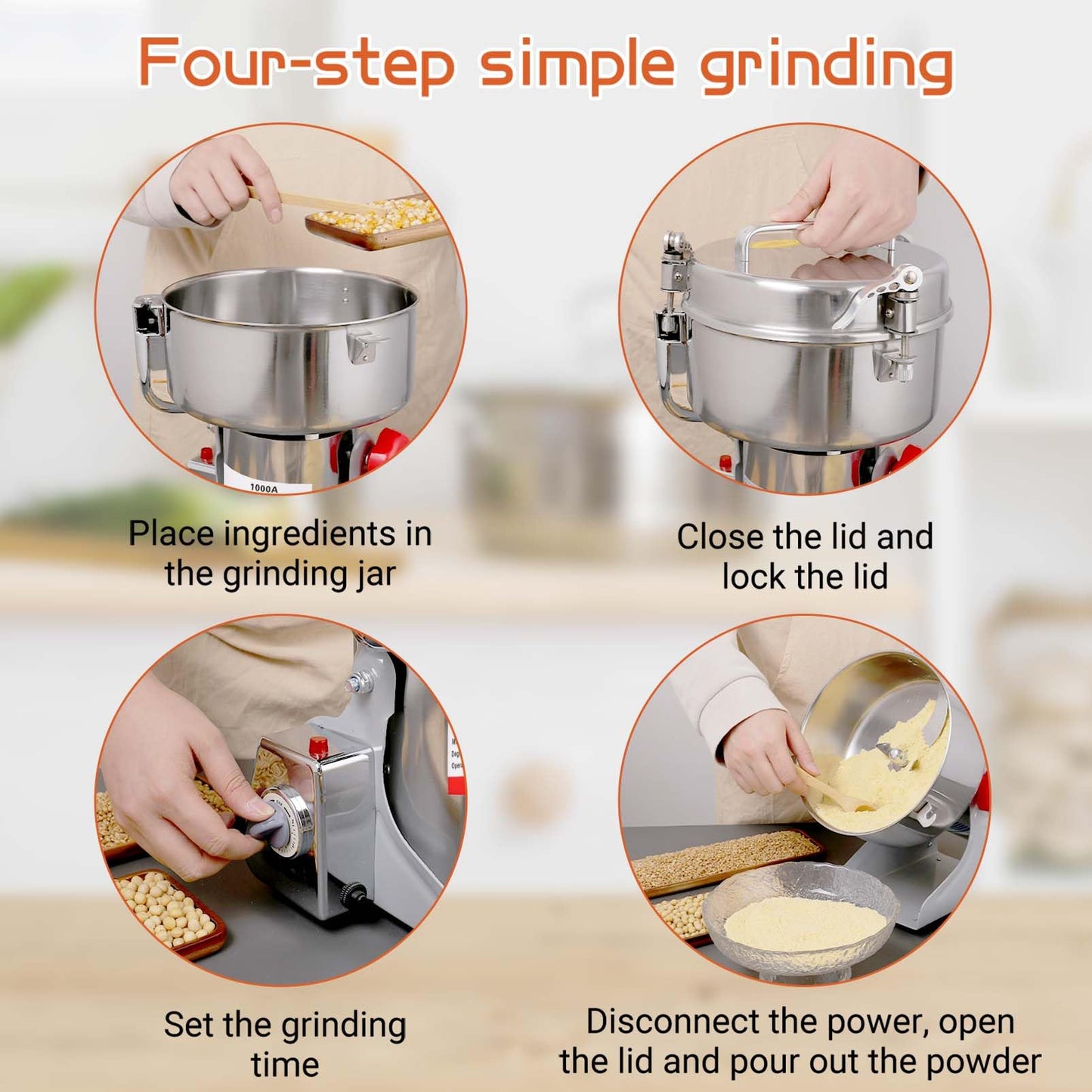 Electric Grain Mill Grinder 800g Stainless Steel Pulverizer 36000r/min High-speed Grain Mill 1800W Dry Material Grinding Machine 270° swingable Superfine powder for Home and Commercial