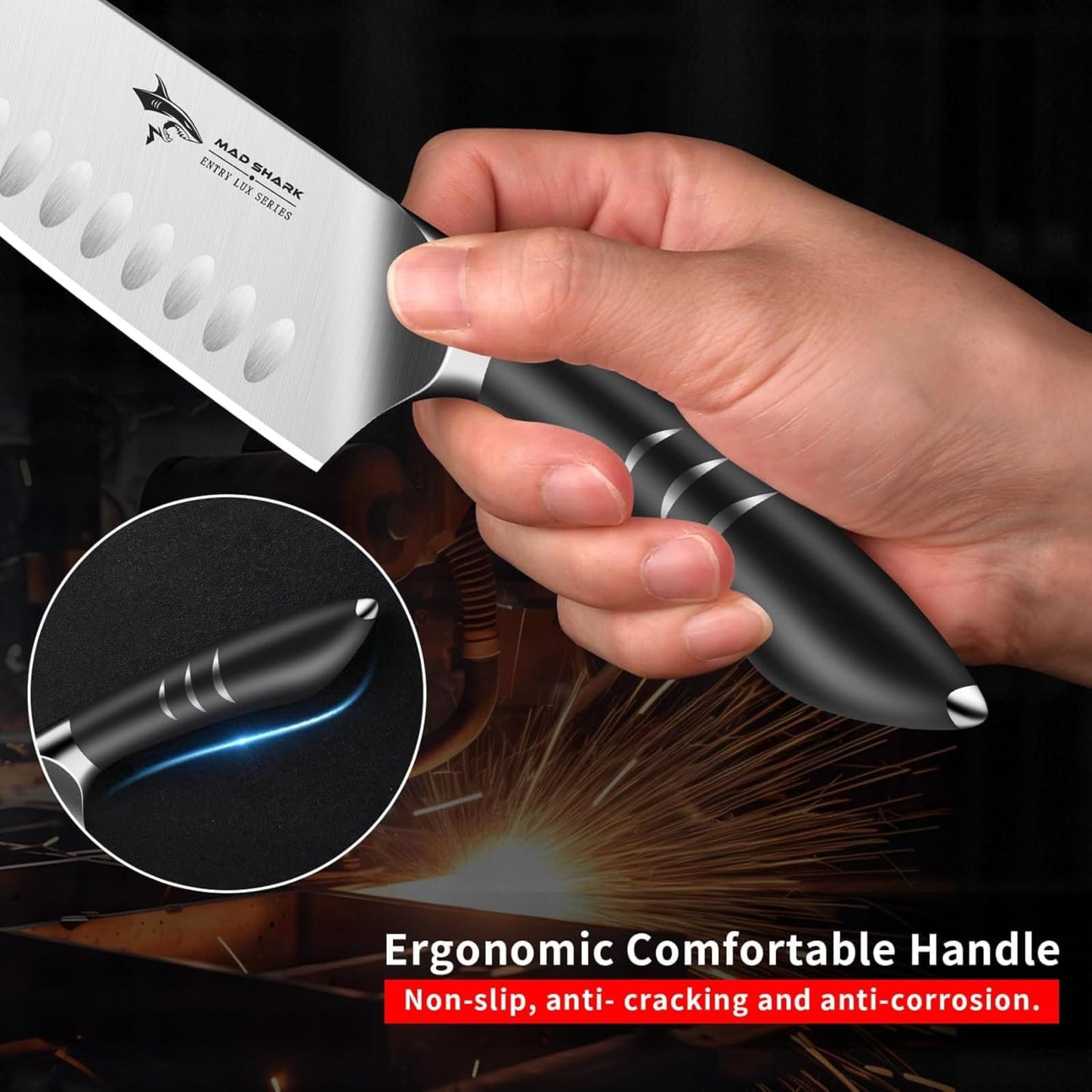 MAD SHARK 8 Inch Santoku Knife - Ultra Sharp Japanese Kitchen Knife, High Carbon German Steel, Ergonomic Handle - Ideal for Slicing, Dicing & Chopping - Unique Gift for Chefs, Men & Women (White)