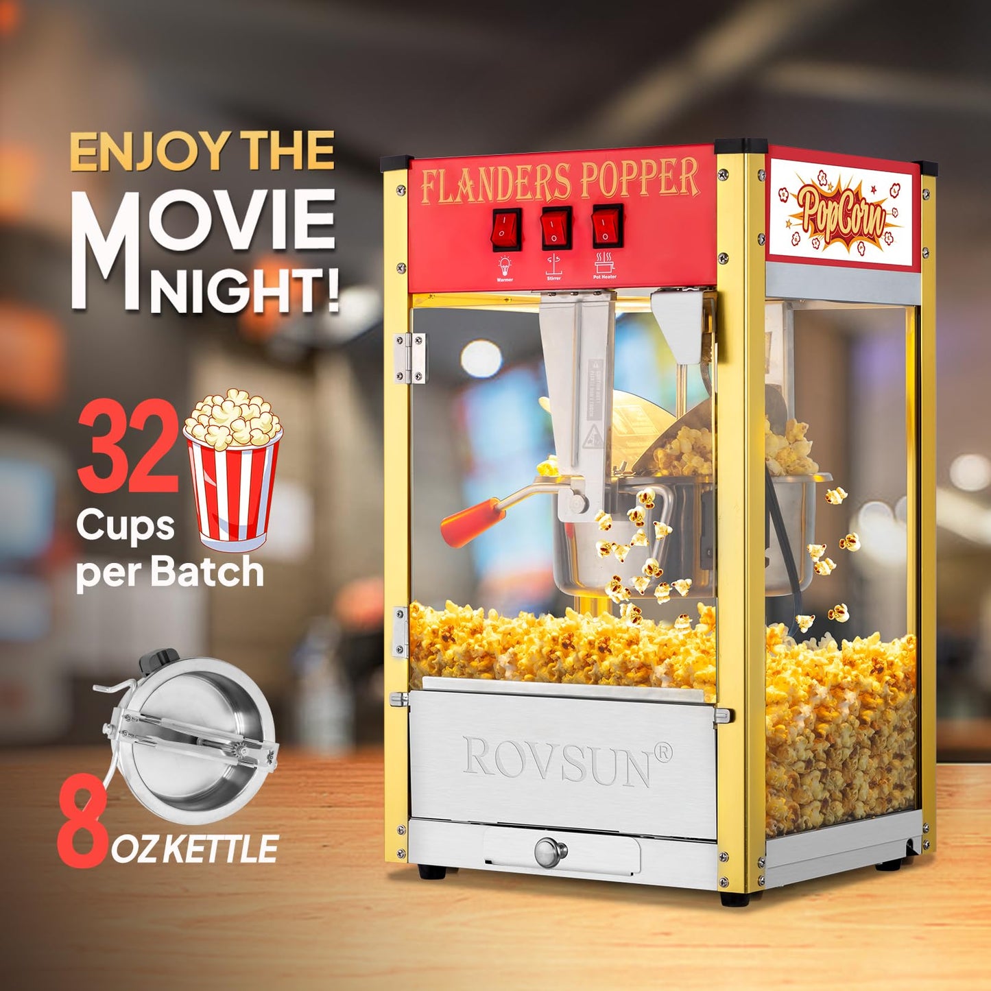ROVSUN Popcorn Machine with 8 Ounce Kettle Makes Up to 32 Cups, Commercial Popcorn Machine Countertop Popcorn Maker w/Stainless Steel Scoop, Oil Spoon & 3 Popcorn Cups for Home Movie Theater, ETL