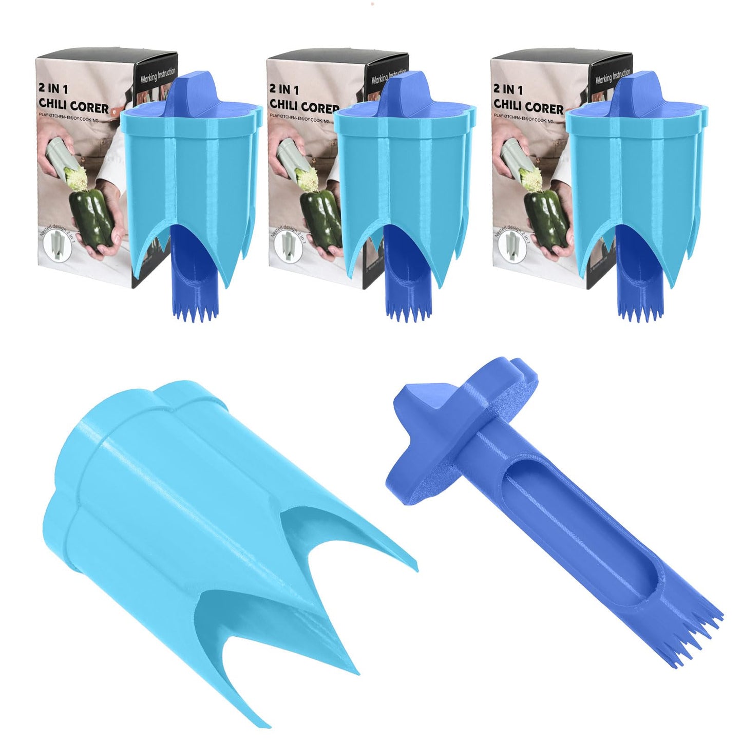 Pepper Corer, 2 in 1 Red Bell Pepper Seed Corer Remover Tool, Fruit & Vegetable Corers Quick Cave Tools for Jalapeno Cutter Deseeder, Blue Yellow, 3 PCS