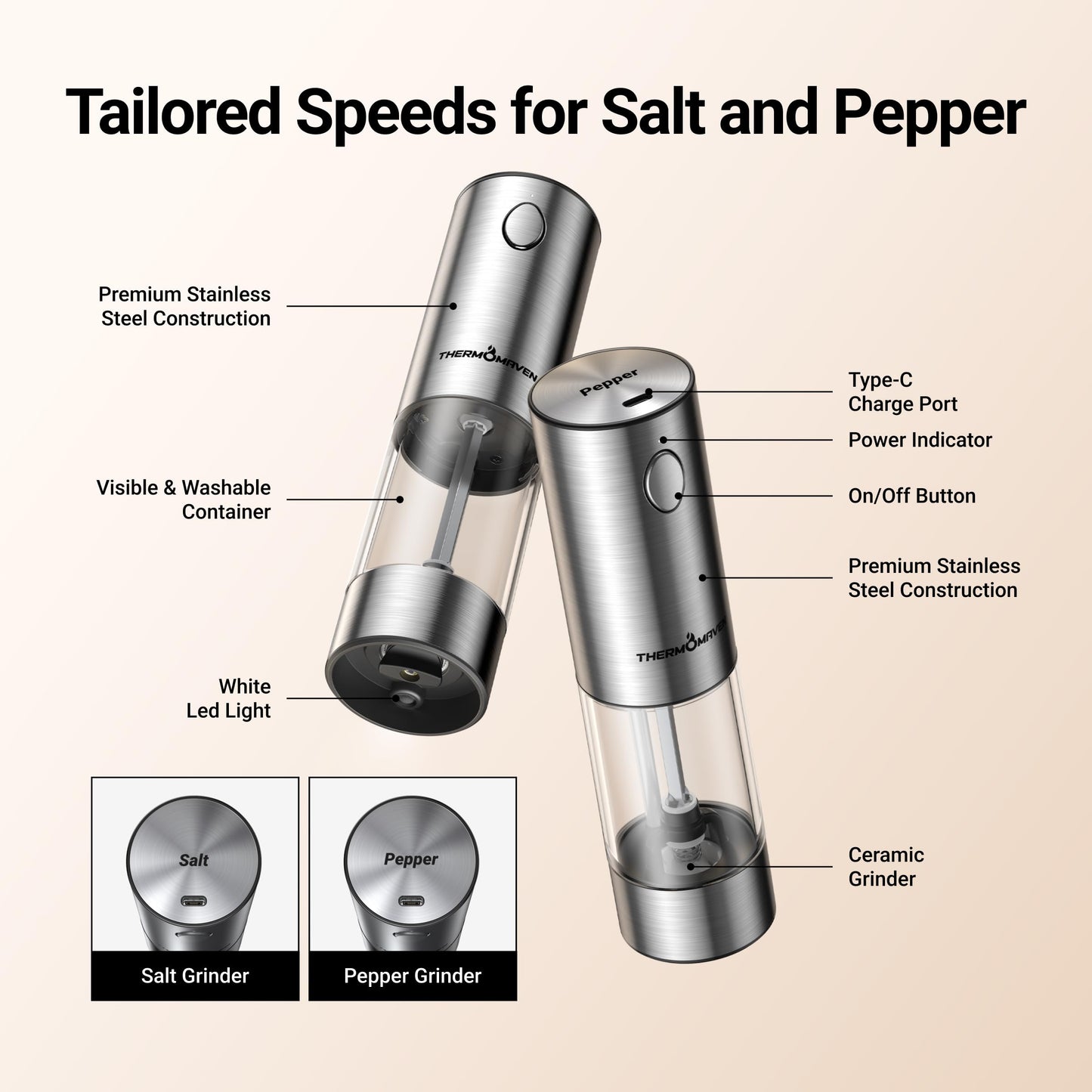 ThermoMaven Electric Salt and Pepper Grinder Set, 110ml Larger Rechargeable Automatic Salt and Pepper Mill Grinder with 6 Adjustable Coarseness, Electric Salt and Pepper Shakers, LED, 2 Packs, Black