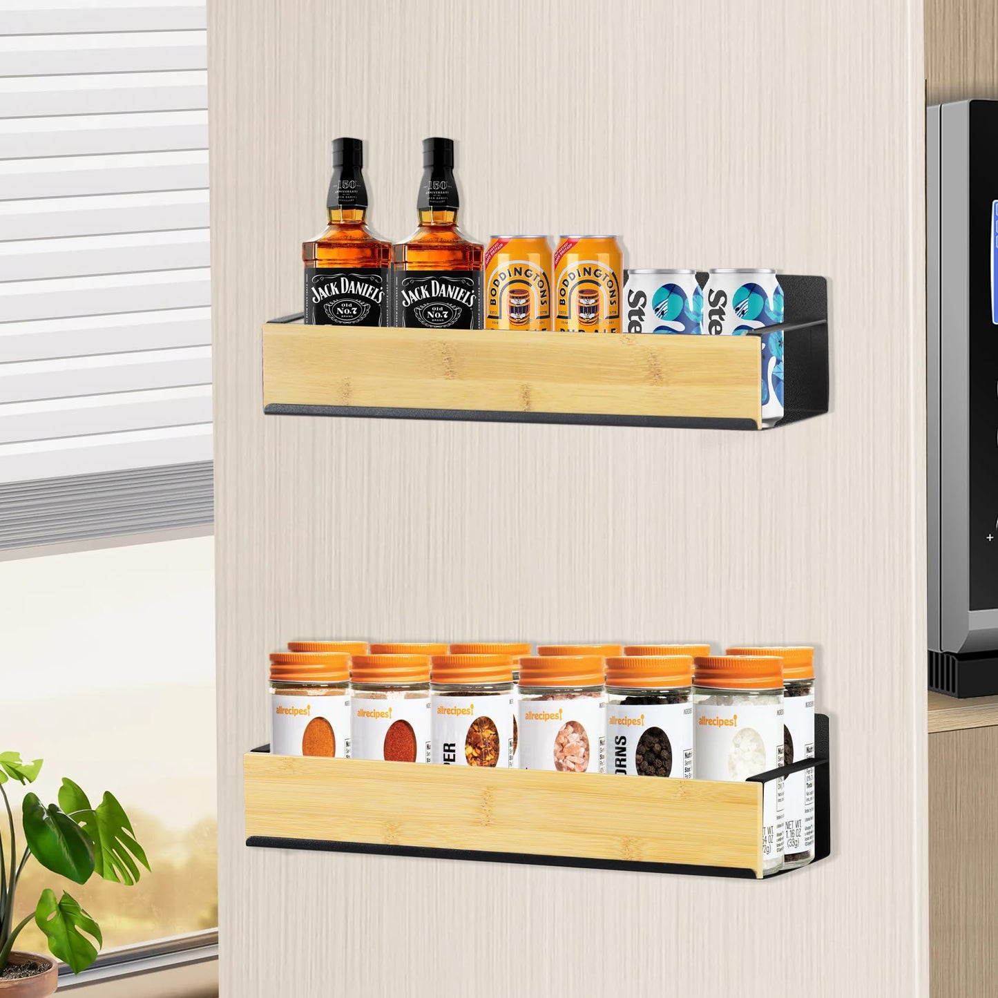 Kitchen Spice Rack for Wall: 2 Packs Black Adhesive Spice Racks Wall Mount - 11.8" Large Hanging Storage Organizer Cabinet Without Drilling for Work Room Bathroom Shelves