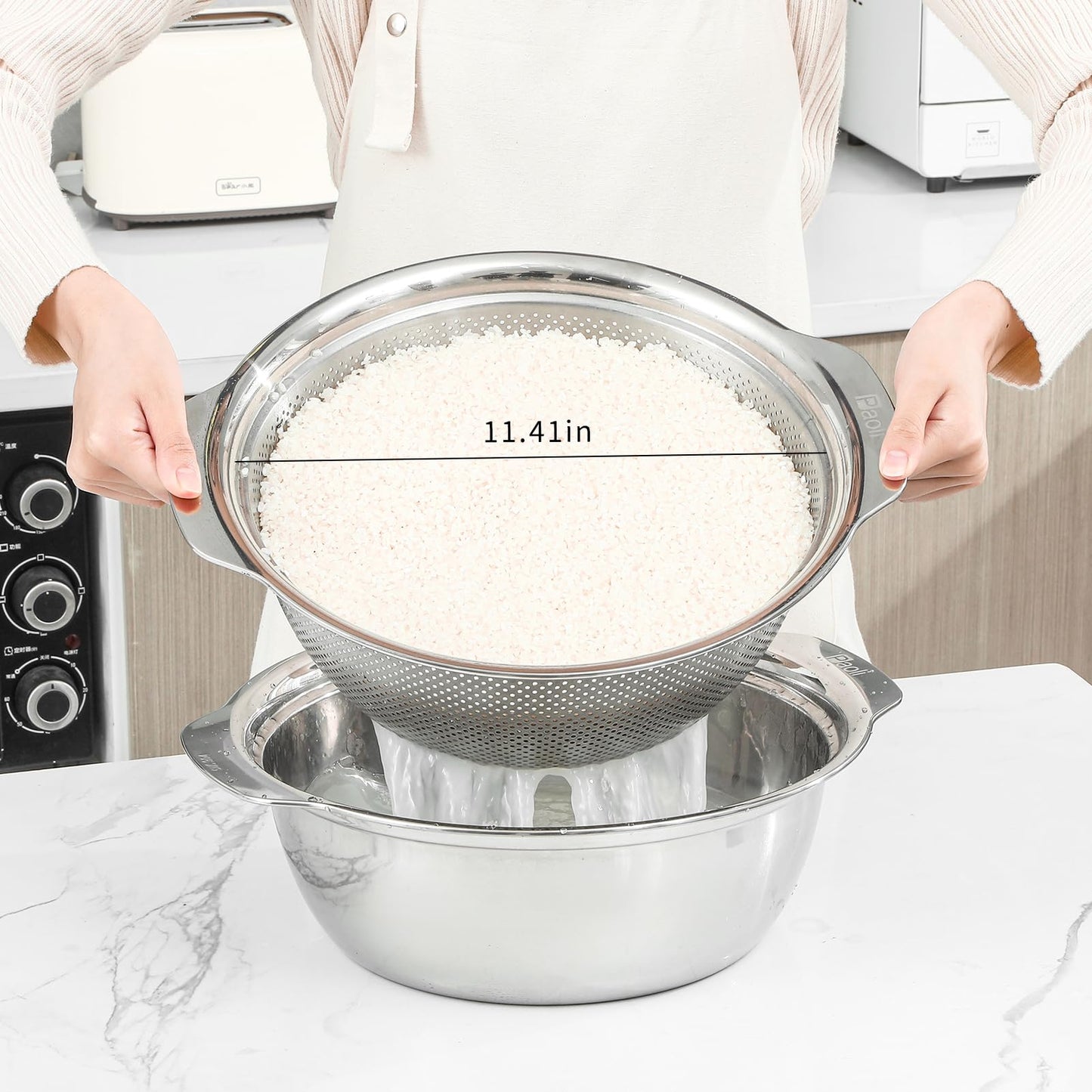 304 Stainless Steel Microporous Colander, 2.5QT Large Capacity with Mixing Bowl For washing vegetables, fruit and rice and for draining cooked pasta(2PC)