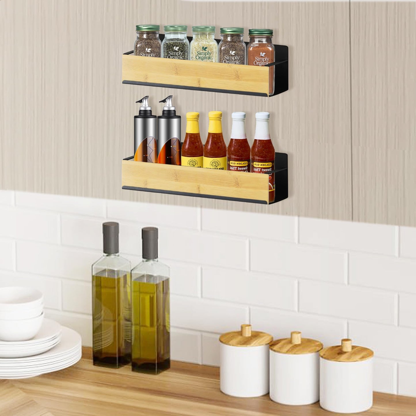 Kitchen Spice Rack for Wall: 2 Packs Black Adhesive Spice Racks Wall Mount - 11.8" Large Hanging Storage Organizer Cabinet Without Drilling for Work Room Bathroom Shelves