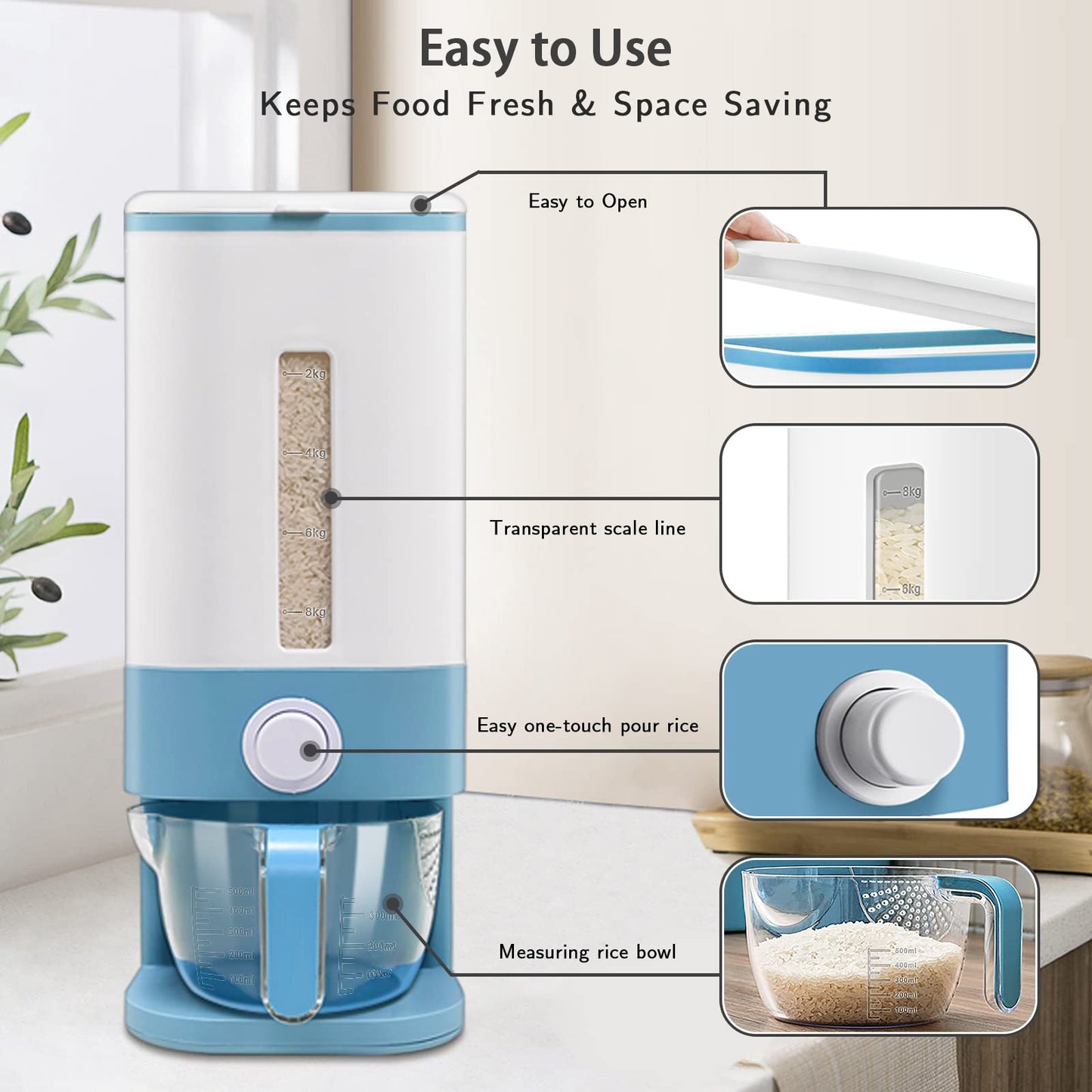 22-25 Lbs Rice Dispenser, Large Cereal Dry Food Storage Containers with Measuring Cup,BPA-Free Household for Kitchen Pantry Organization-Blue