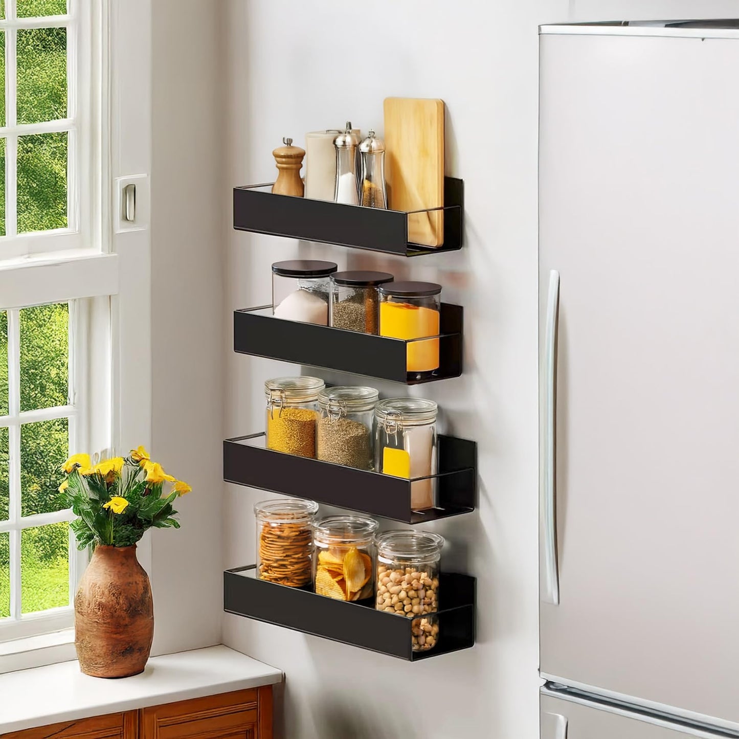 Kitchen Spice Rack for Wall: 2 Packs Black Adhesive Spice Racks Wall Mount - 11.8" Large Hanging Storage Organizer Cabinet Without Drilling for Work Room Bathroom Shelves