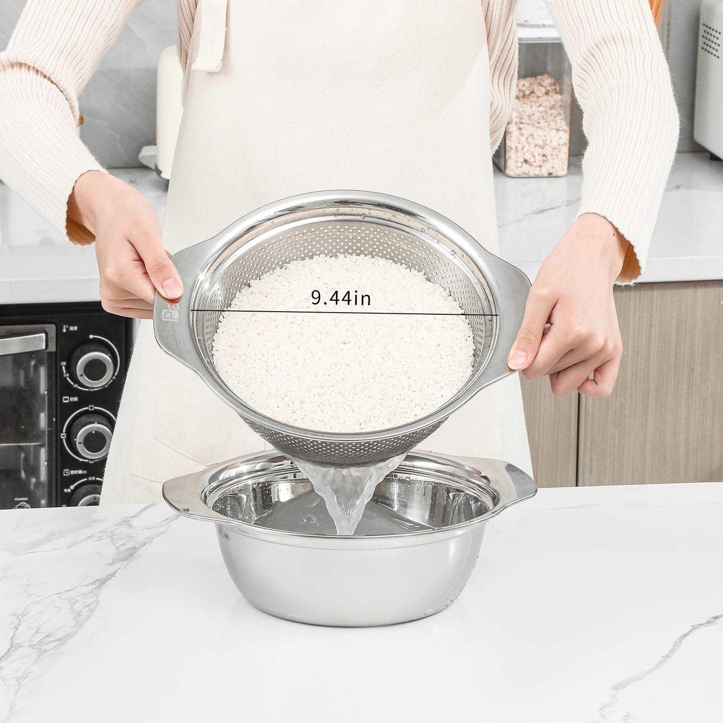 304 Stainless Steel Microporous Colander, 2.5QT Large Capacity with Mixing Bowl For washing vegetables, fruit and rice and for draining cooked pasta(2PC)