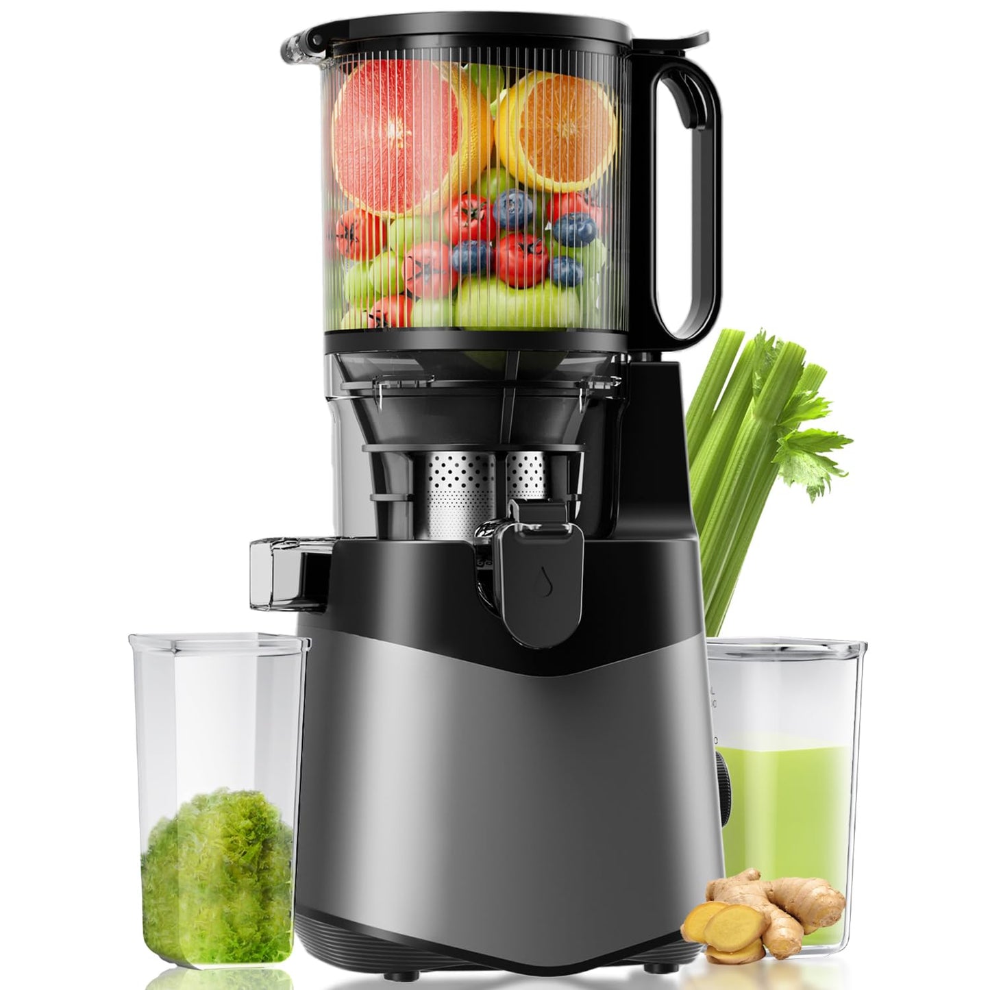 Cold Press Juicer, 5.8" Wide Feed Chute Juice Extractor Machine with 400W, High Juice Yield, Slow Masticating Juicer for Whole Vegetables & Fruits, Charcoal Grey