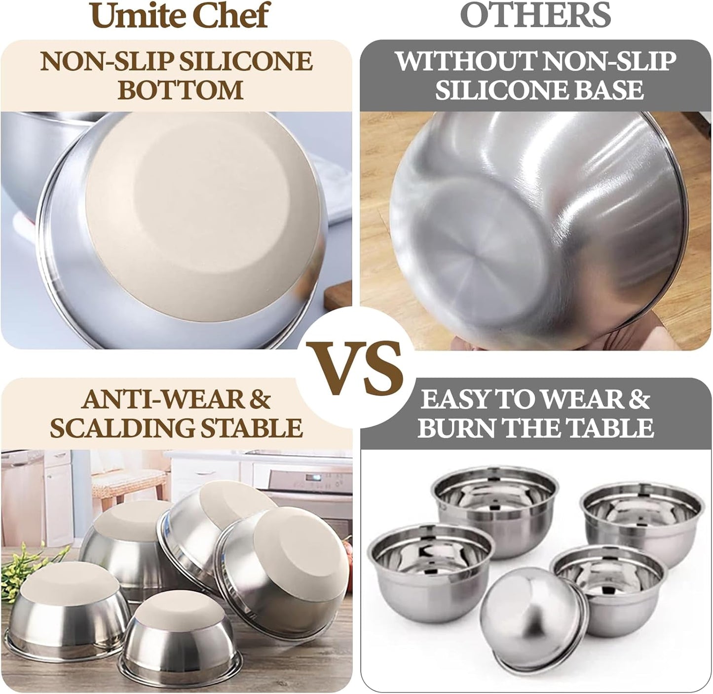 Umite Chef Mixing Bowls with Airtight Lids Set, 8PCS Stainless Steel Khaki Nesting Bowls with Grater Attachments, Kitchen Bowls with Non-Slip Bottoms, Size 5, 4, 3.5, 2, 1.5QT for Mixing & Serving