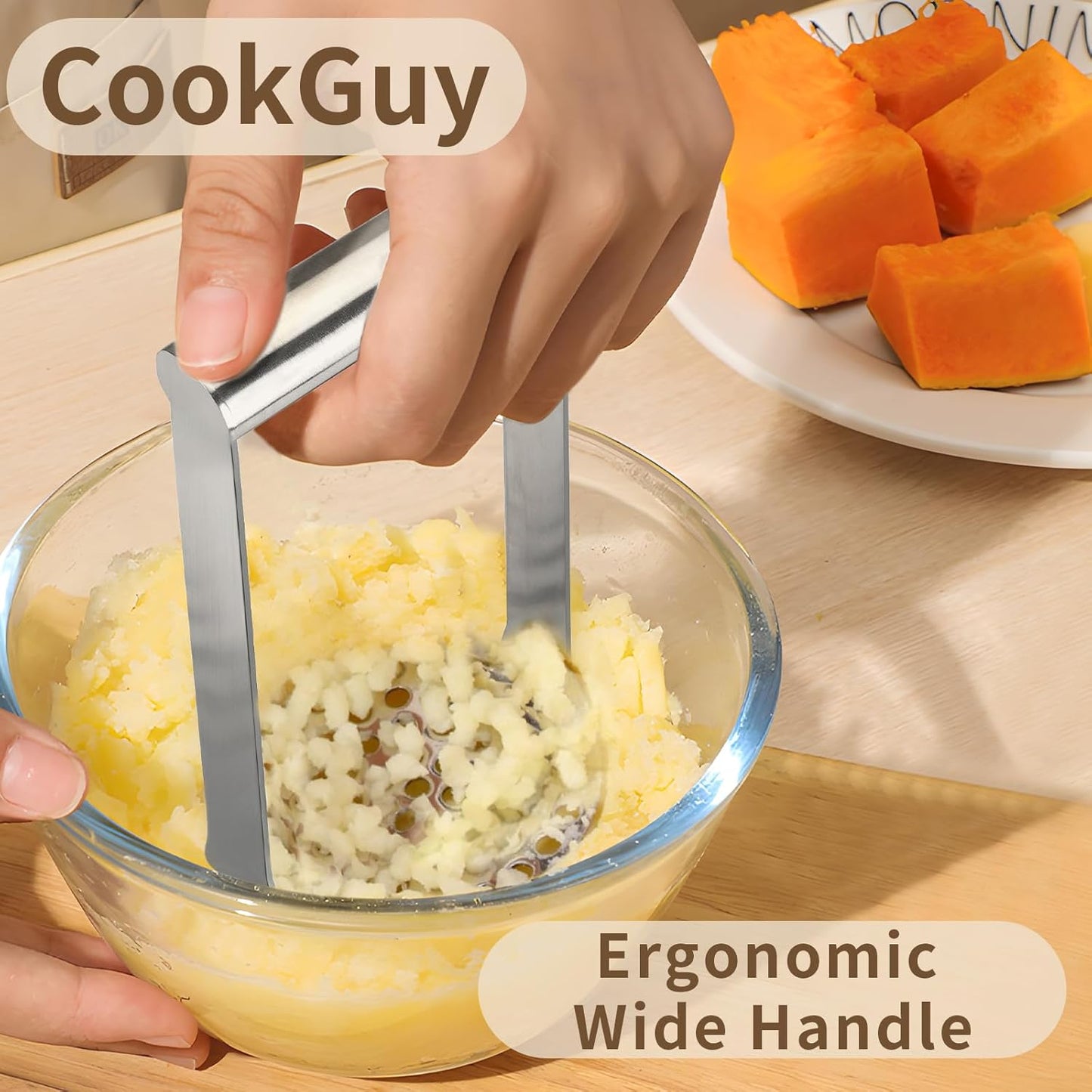 Cook Guy Heavy Duty Potato Masher – Premium Stainless Steel Food Masher for Potatoes, Avocados, Beans & Vegetables – Versatile Kitchen Tool with Ergonomic Horizontal Handle – Dishwasher Safe