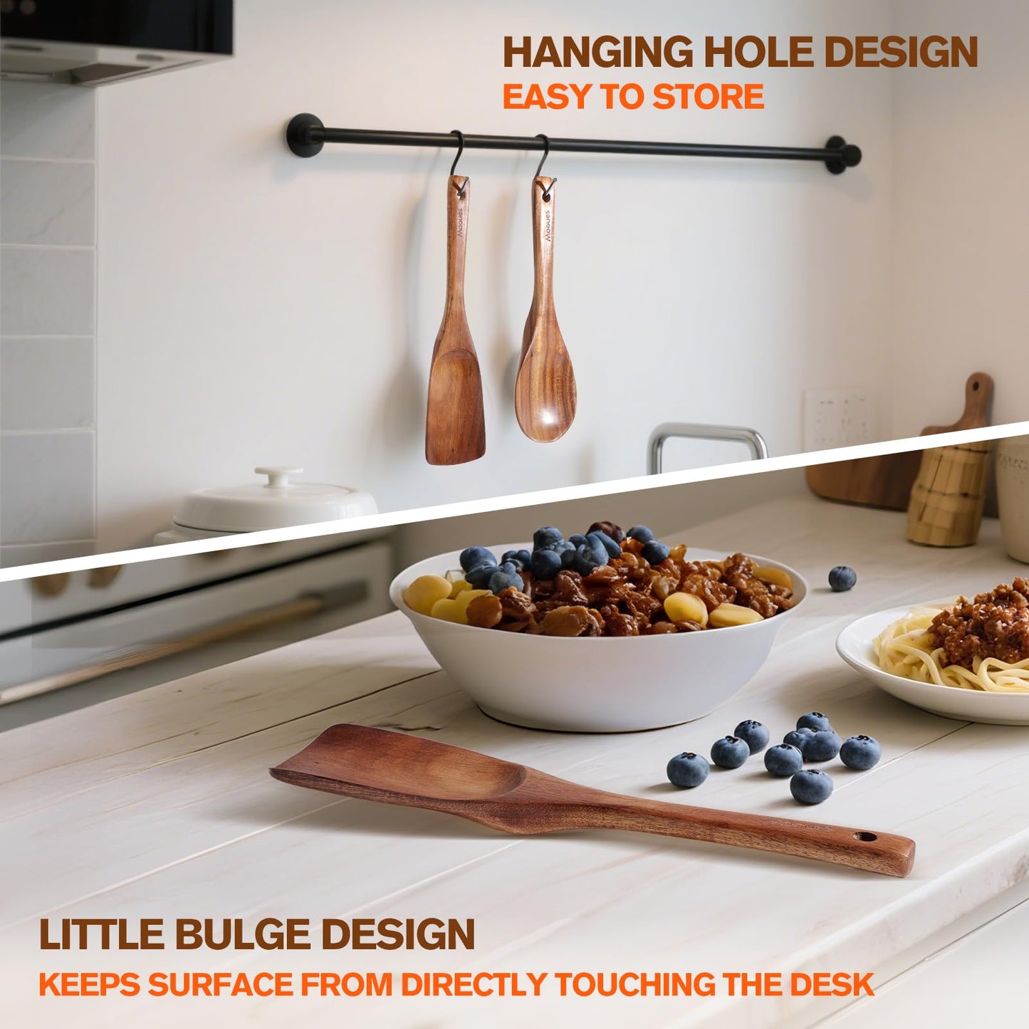 9 Piece Natural Teak Wooden Kitchen Utensil Set with Spoon Rest - Comfort Grip Cooking Spoons and Utensils Holder