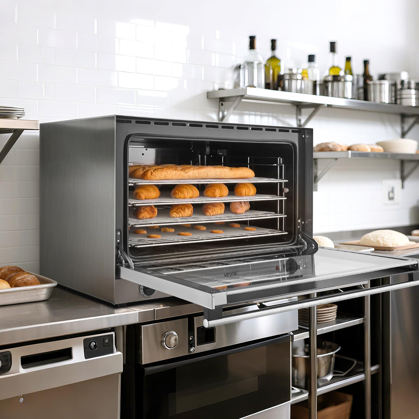 VEVOR Commercial Convection Oven, 21L/19Qt, Quarter-Size Conventional Oven Countertop, 1440W 3-Tier Toaster w/Front Glass Door, Electric Baking Oven w/Trays Wire Racks Clip Gloves, 120V