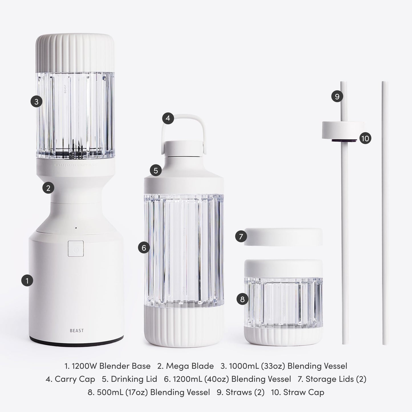 Beast Mega 1200 Plus | Premium Countertop Blender | Smoothies, Shakes, Sauces, Dips, Soups | Blends Ice and Frozen Fruit | XL Vessel | With Extra Vessels, Straw System | (Charcoal, 120V)