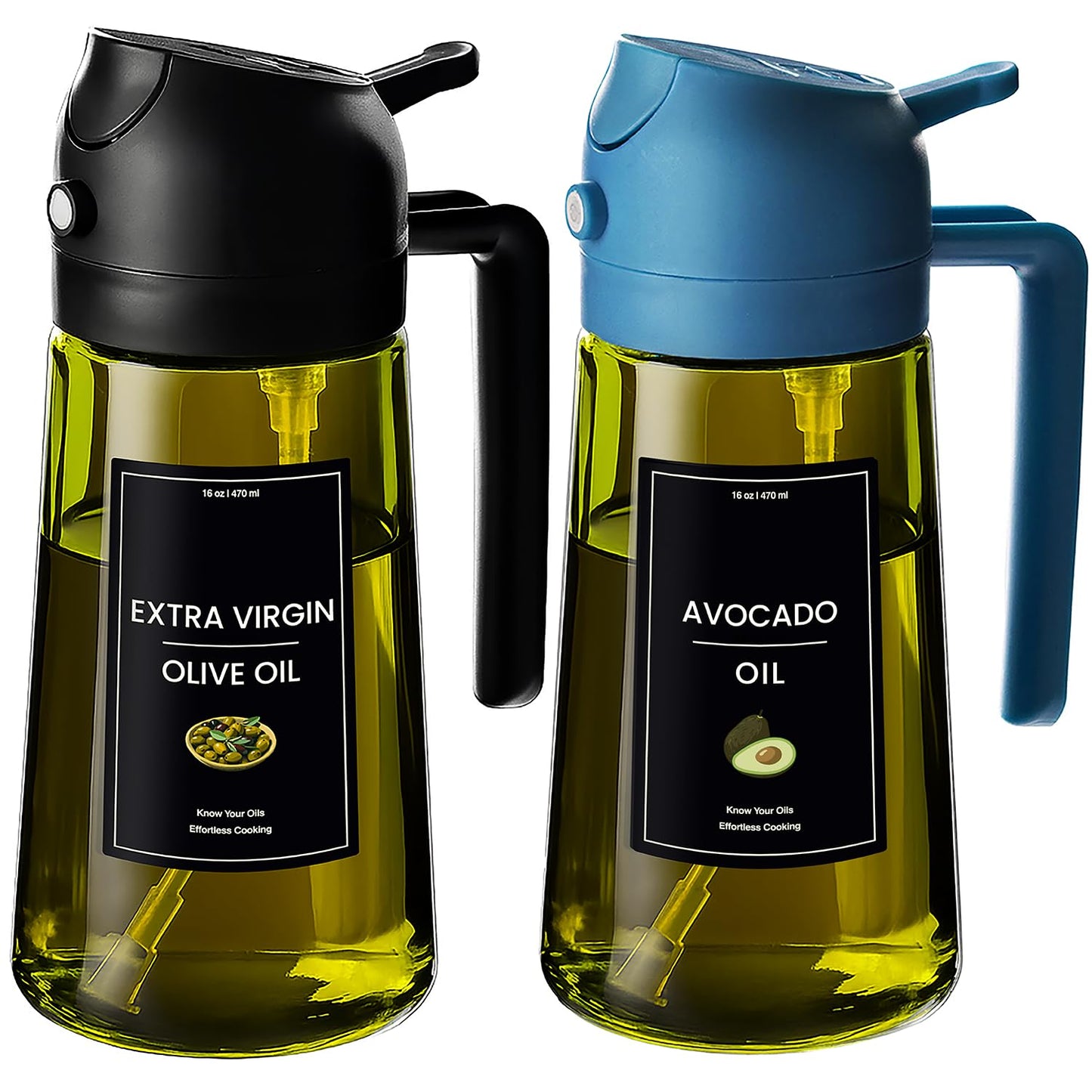 CXINYI - 16oz/470ml Olive Oil Dispenser for Kitchen with Stickers - 2 in 1 Olive Oil Sprayer for Cooking, Air Fryer, and Salad, Black&Green (Light-Proof Kitchen Gadget)