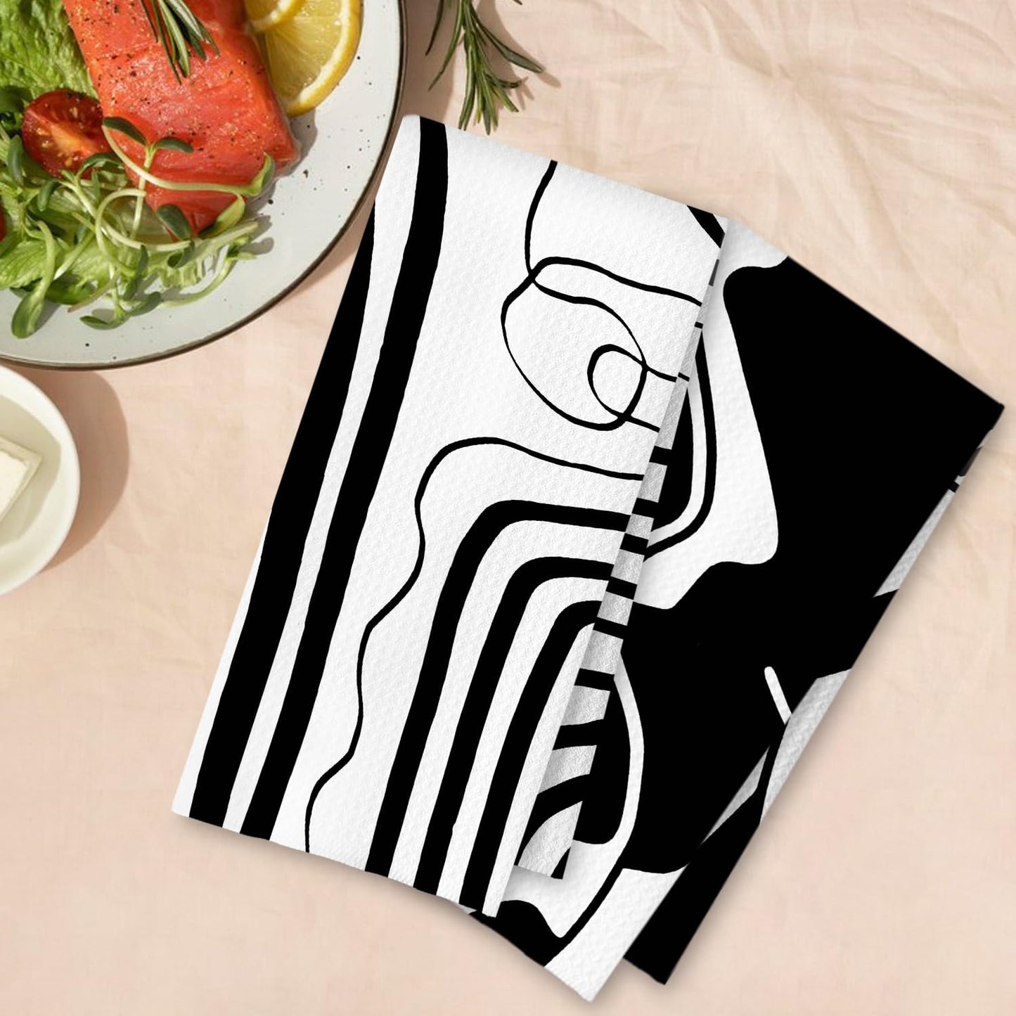 Beige and Black Moroccan Kitchen Towels, Boho Abstract Dish Tea Towels for Kitchen Decor, Retro Mid Century Modern Hand Towel for Bathroom Decor, 16x24 Inches