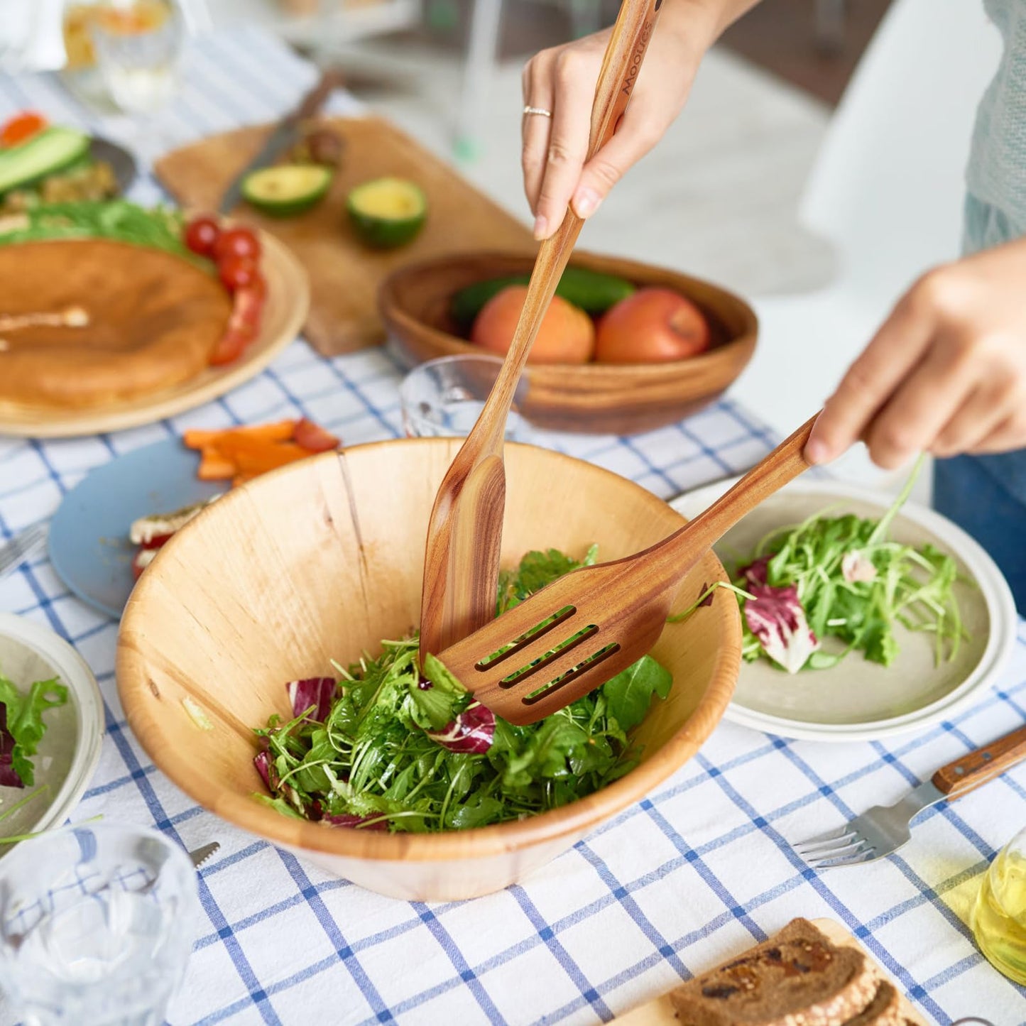 9 Piece Natural Teak Wooden Kitchen Utensil Set with Spoon Rest - Comfort Grip Cooking Spoons and Utensils Holder