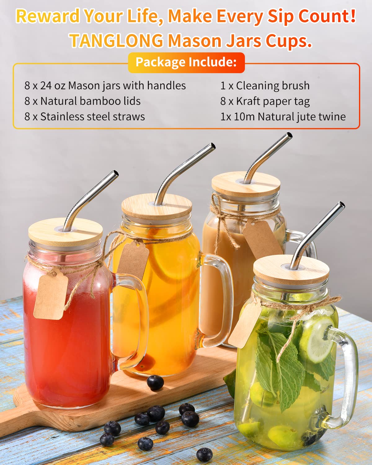 TANGLONG 16 oz Mason Jars with Handle, Mason Jar Cups, Glass Cups with Lids and Straws, Drinking Glasses Set of 12