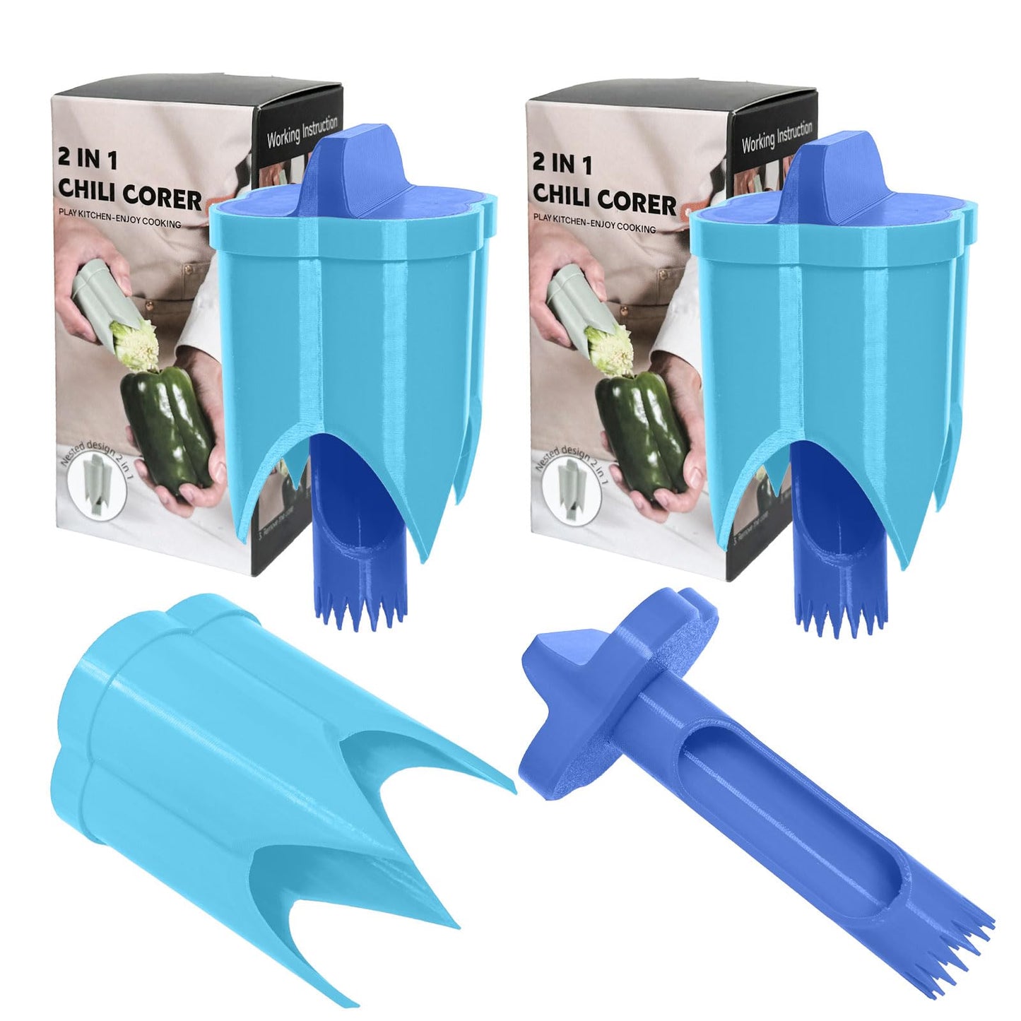 Pepper Corer, 2 in 1 Red Bell Pepper Seed Corer Remover Tool, Fruit & Vegetable Corers Quick Cave Tools for Jalapeno Cutter Deseeder, Blue Yellow, 3 PCS