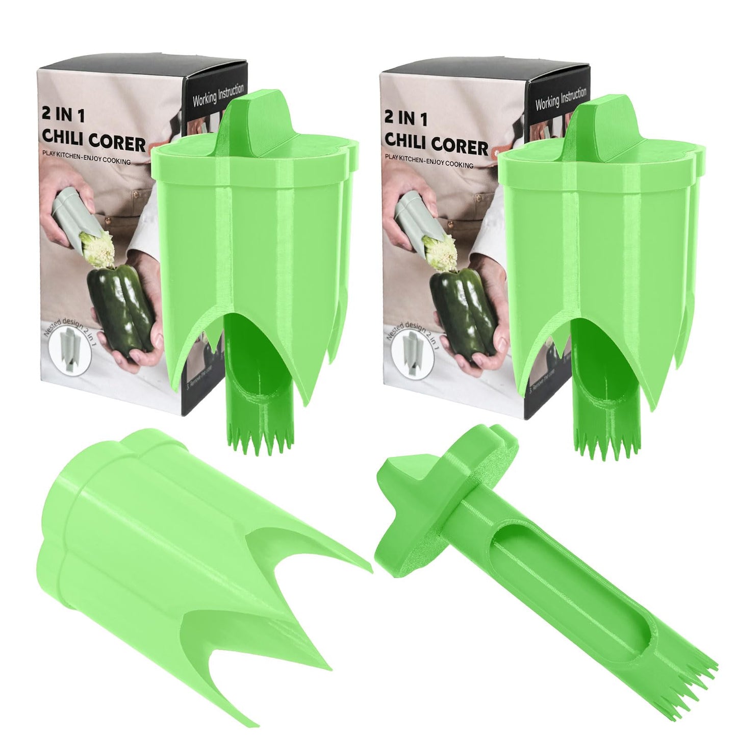 Pepper Corer, 2 in 1 Red Bell Pepper Seed Corer Remover Tool, Fruit & Vegetable Corers Quick Cave Tools for Jalapeno Cutter Deseeder, Blue Yellow, 3 PCS