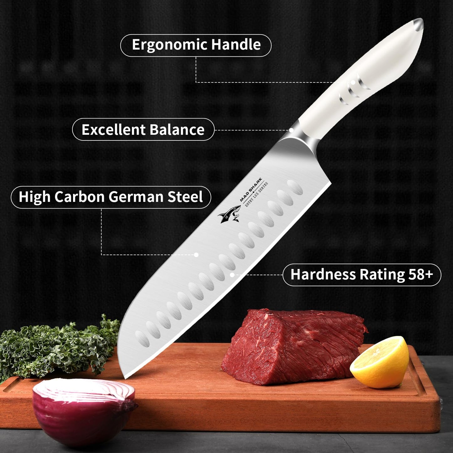 MAD SHARK 8 Inch Santoku Knife - Ultra Sharp Japanese Kitchen Knife, High Carbon German Steel, Ergonomic Handle - Ideal for Slicing, Dicing & Chopping - Unique Gift for Chefs, Men & Women (White)