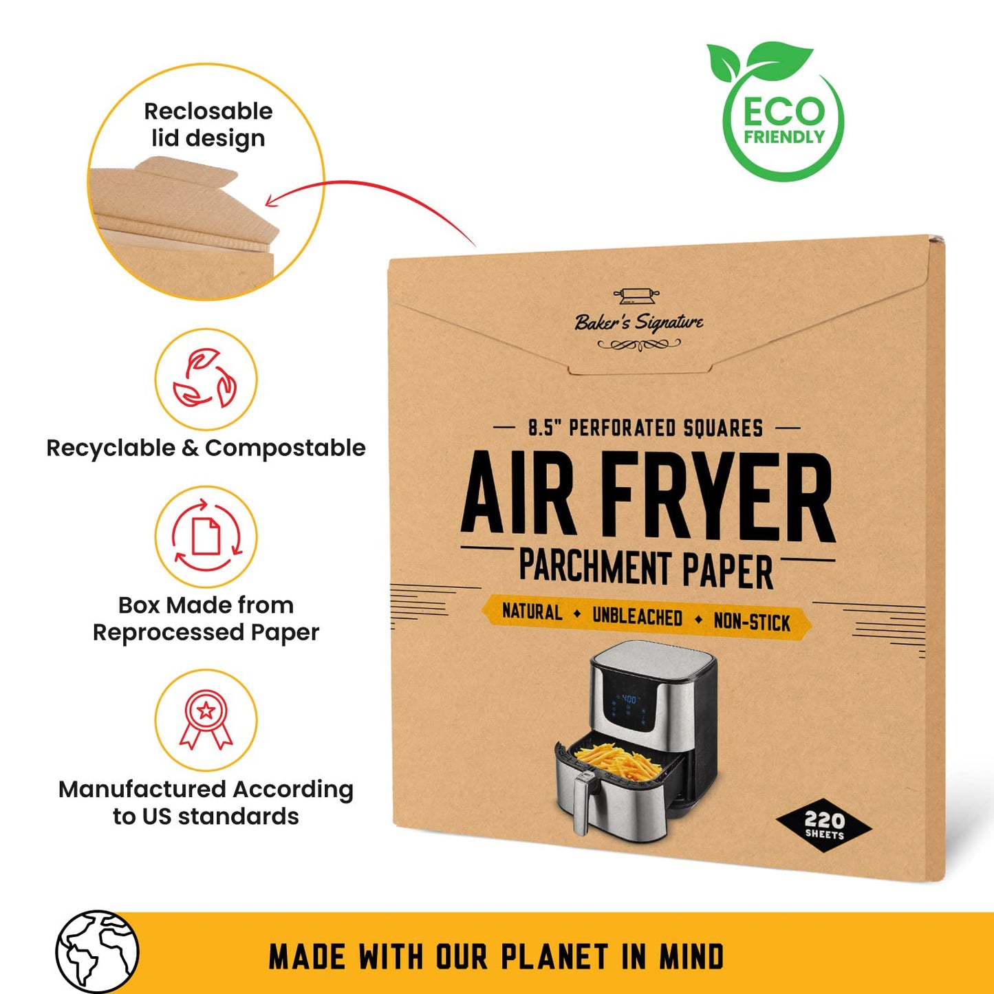 Bamboo Steamer Liner, 8.5" Air Fryer Parchment Paper Liners Sheets – 220pcs Unbleached Bamboo Steamer Basket Liners – Easy Cleanup, Will Not Burn or Curl, Non-Toxic & Volume Pack by Baker’s Signature