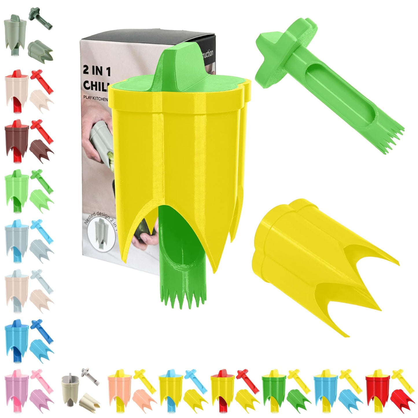 Pepper Corer, 2 in 1 Red Bell Pepper Seed Corer Remover Tool, Fruit & Vegetable Corers Quick Cave Tools for Jalapeno Cutter Deseeder, Blue Yellow, 3 PCS