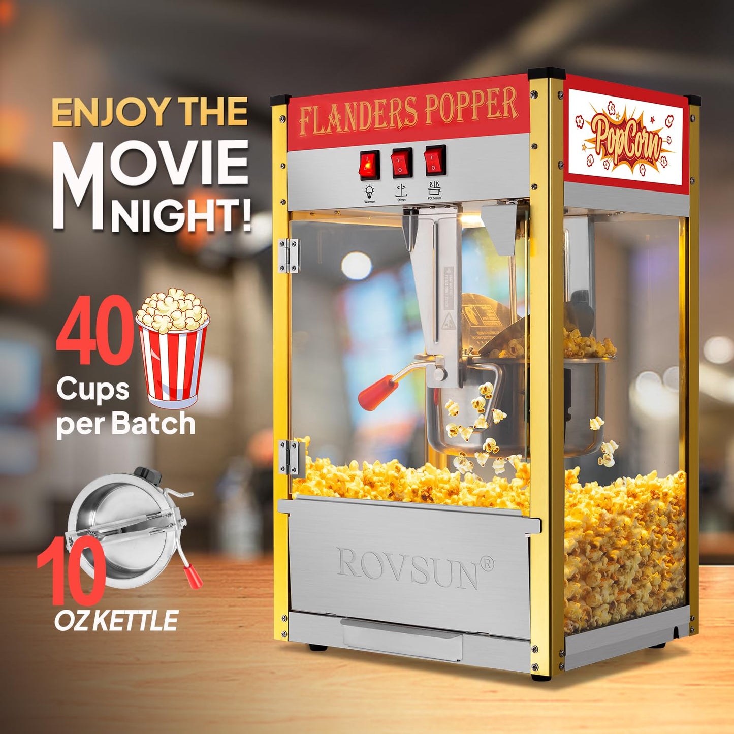 ROVSUN Popcorn Machine with 8 Ounce Kettle Makes Up to 32 Cups, Commercial Popcorn Machine Countertop Popcorn Maker w/Stainless Steel Scoop, Oil Spoon & 3 Popcorn Cups for Home Movie Theater, ETL