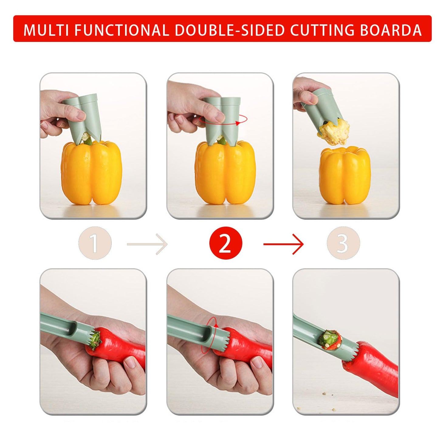 Pepper Corer, 2 in 1 Red Bell Pepper Seed Corer Remover Tool, Fruit & Vegetable Corers Quick Cave Tools for Jalapeno Cutter Deseeder, Blue Yellow, 3 PCS