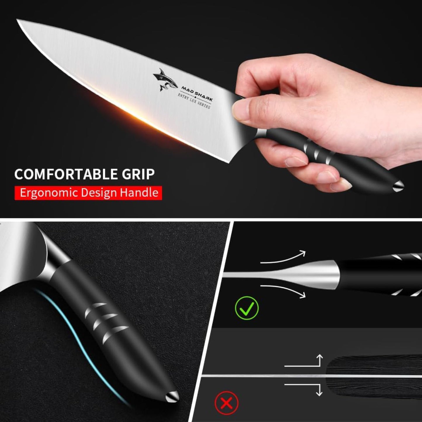 MAD SHARK Chef Knife 8 inch Chopping Knife High Carbon Stainless Steel Shark Chef's Knives with Ergonomic Handle, Cooking Knife with Gift Box, Birthday Gifts for Mom/Dad, Black