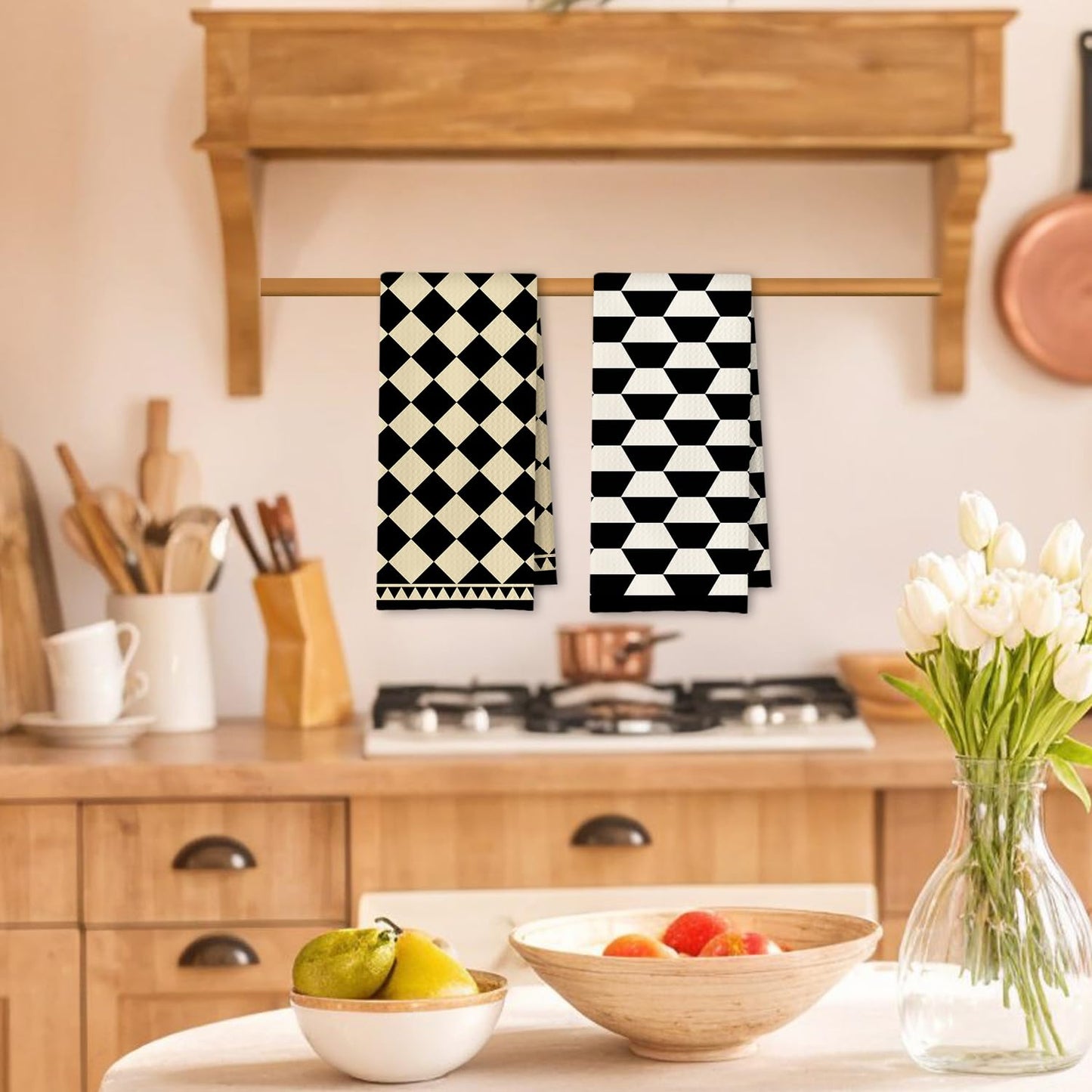 Beige and Black Moroccan Kitchen Towels, Boho Abstract Dish Tea Towels for Kitchen Decor, Retro Mid Century Modern Hand Towel for Bathroom Decor, 16x24 Inches