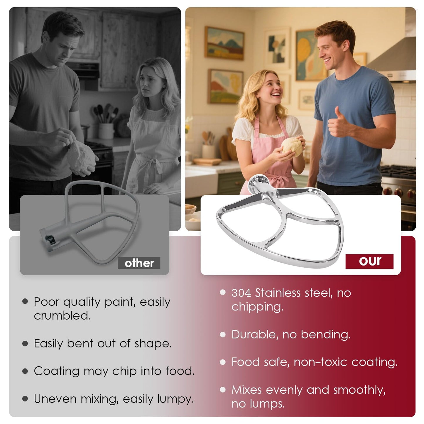 Stainless Steel Flat Beater for Kitchen Aid 4.5-5 Qt Tilt Head Mixers, Compatible Kitchenaid Paddle Attachment for Stir all of Mixtures|Durable and Heavy Duty Replacement