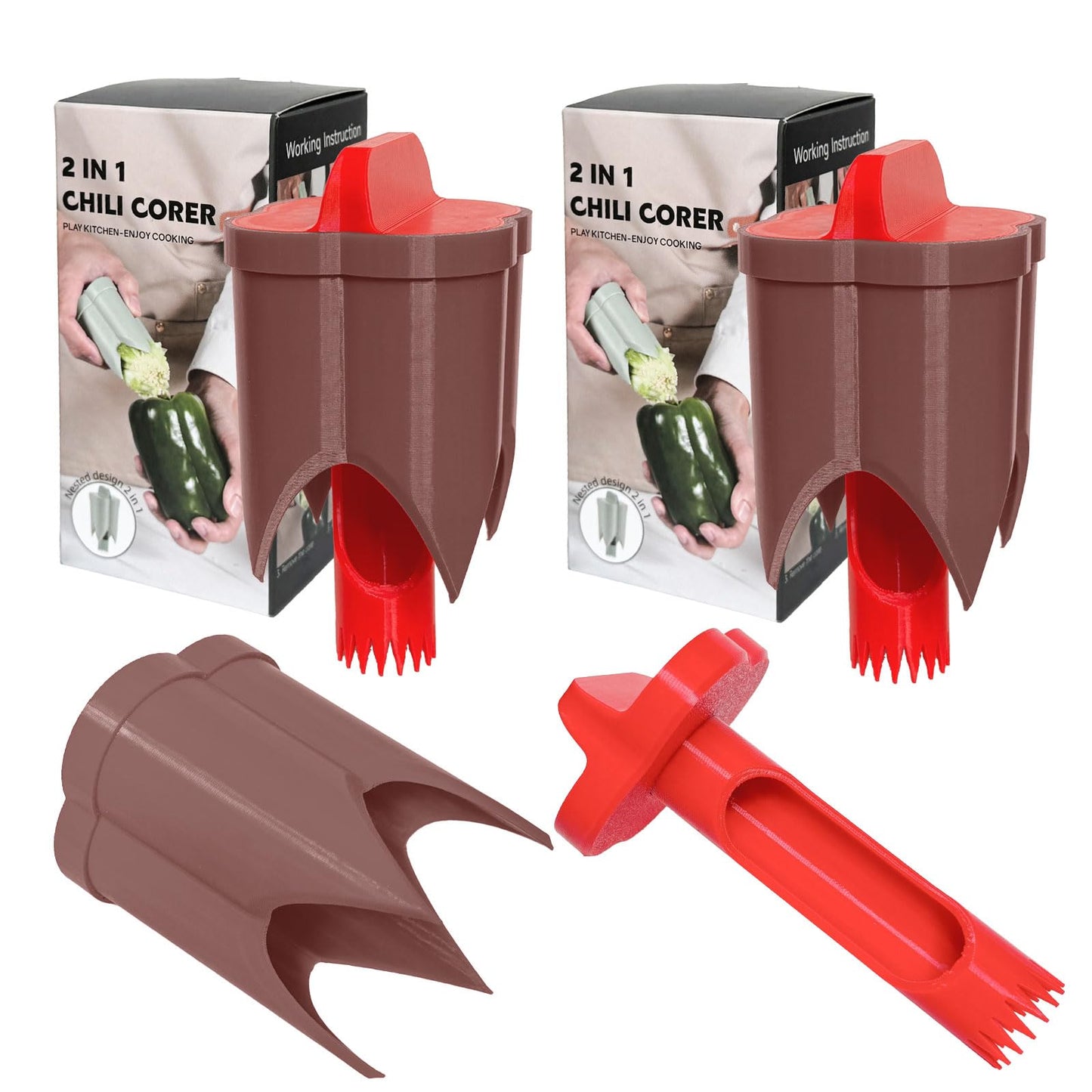 Pepper Corer, 2 in 1 Red Bell Pepper Seed Corer Remover Tool, Fruit & Vegetable Corers Quick Cave Tools for Jalapeno Cutter Deseeder, Blue Yellow, 3 PCS