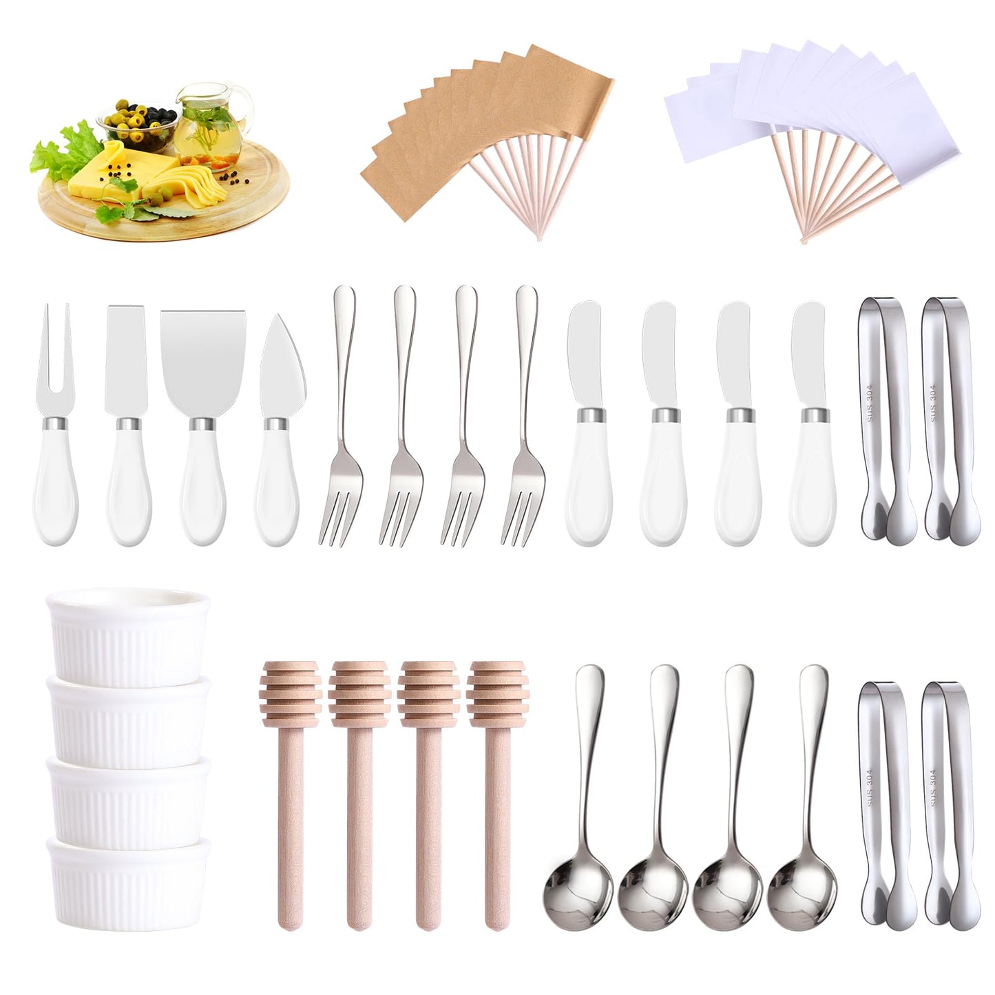 Charcuterie Boards Accessories(29 PCS) Cheese Spreaders for Charcuterie Board Mini Serving Spoon Fork Tongs Blank Toothpick Flags Bowl