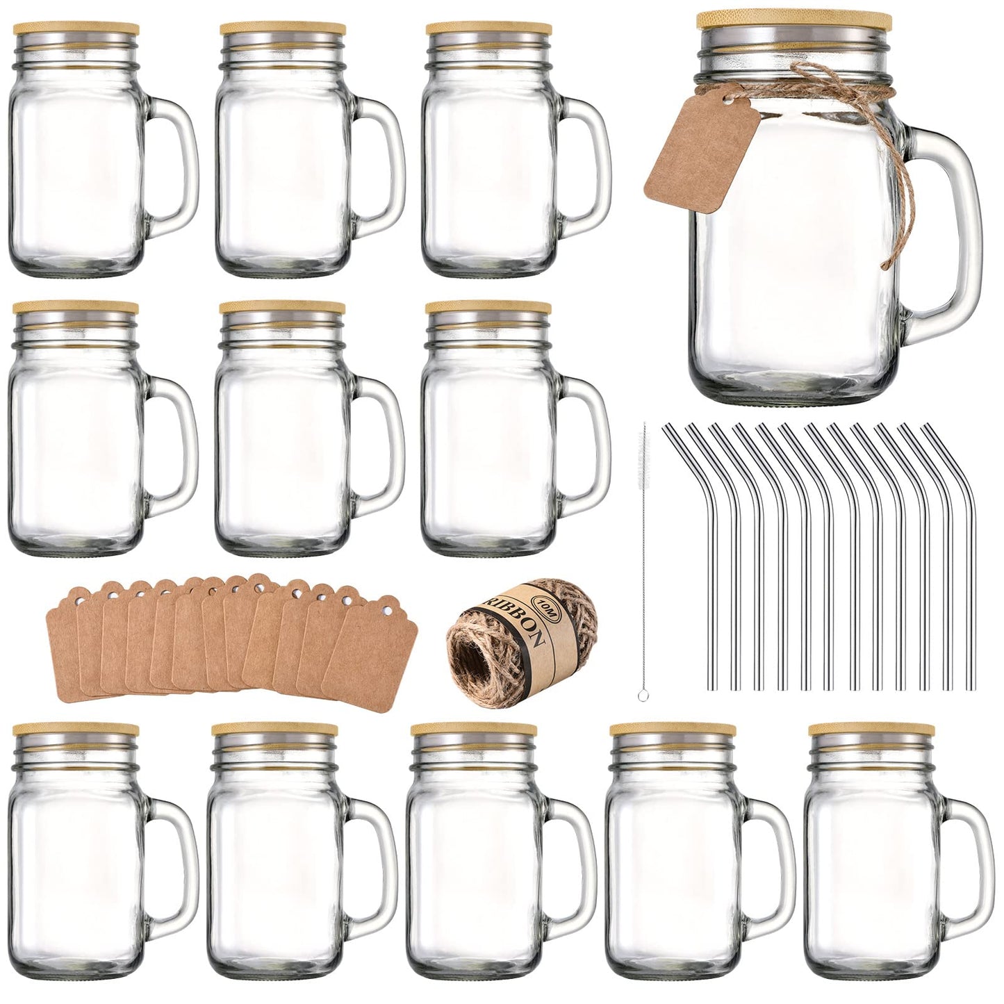 TANGLONG 16 oz Mason Jars with Handle, Mason Jar Cups, Glass Cups with Lids and Straws, Drinking Glasses Set of 12
