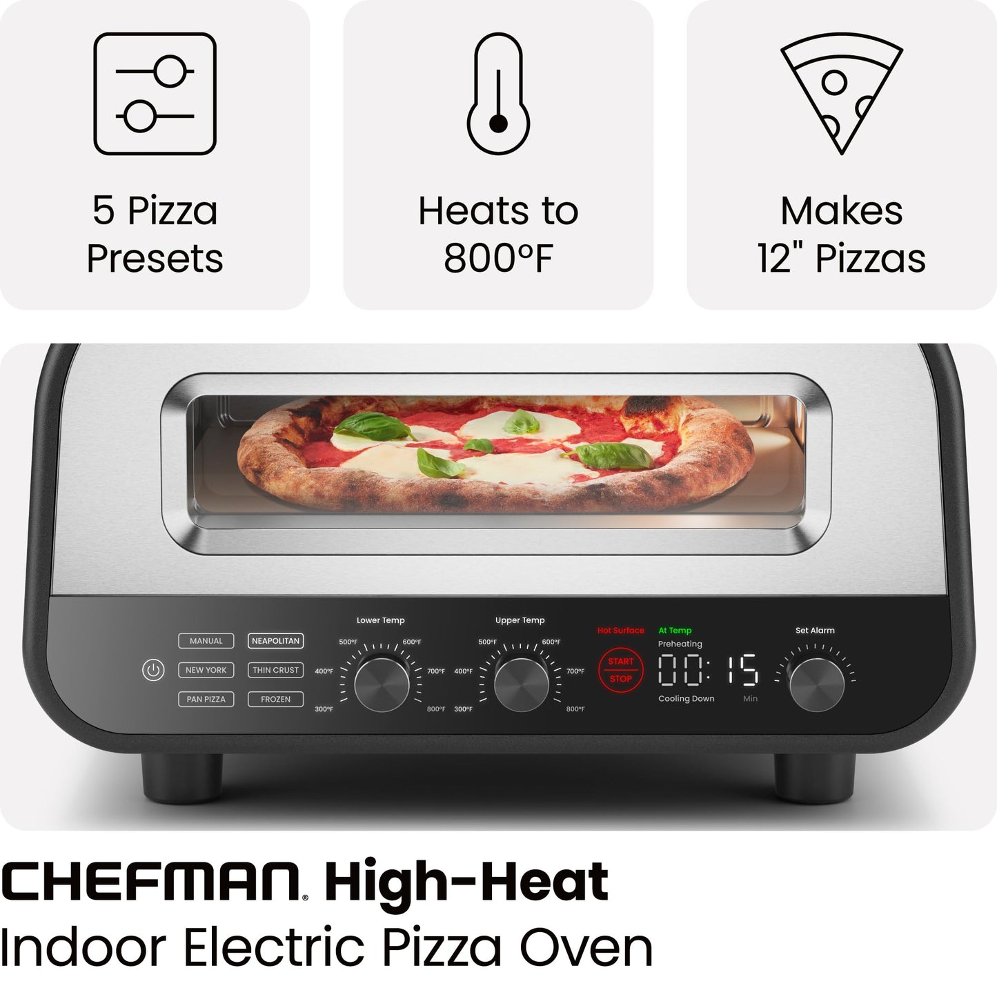 CHEFMAN Indoor Pizza Oven - Makes 12 Inch Pizzas in Minutes, Heats up to 800°F - Countertop Electric Pizza Maker with 5 Touchscreen Presets, Pizza Stone and Peel Included - Stainless Black